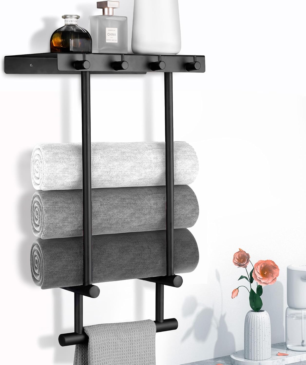 Toallero montado en la pared con estante de metal y 4 ganchos, toallero de acero inoxidable para baño pequeño, almacenamiento de toallas de baño,