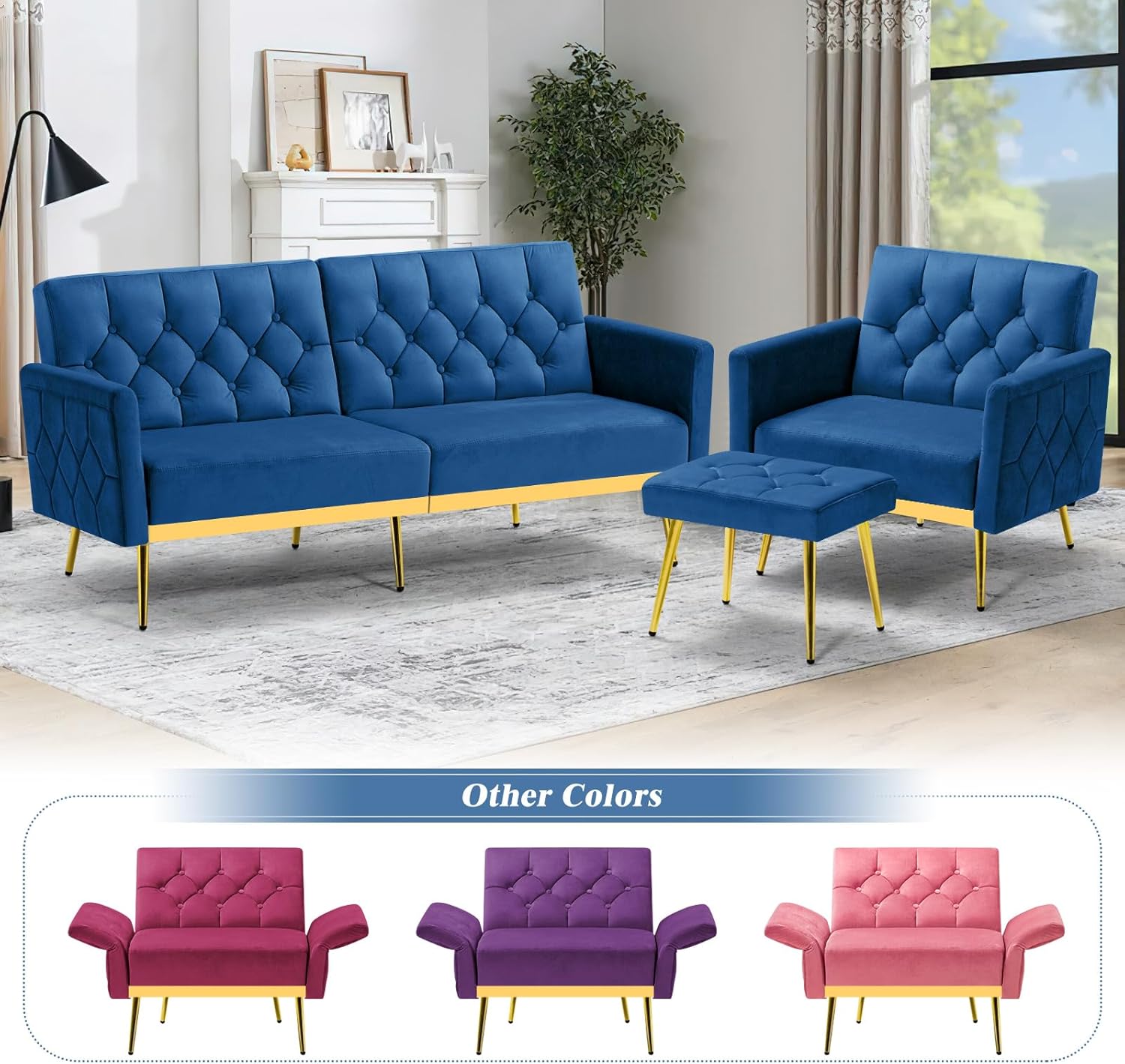 ACMEASE Silla decorativa de terciopelo con reposabrazos y respaldos ajustables, sofá individual copetudo con otomana, Chiar de lectura tapizado para