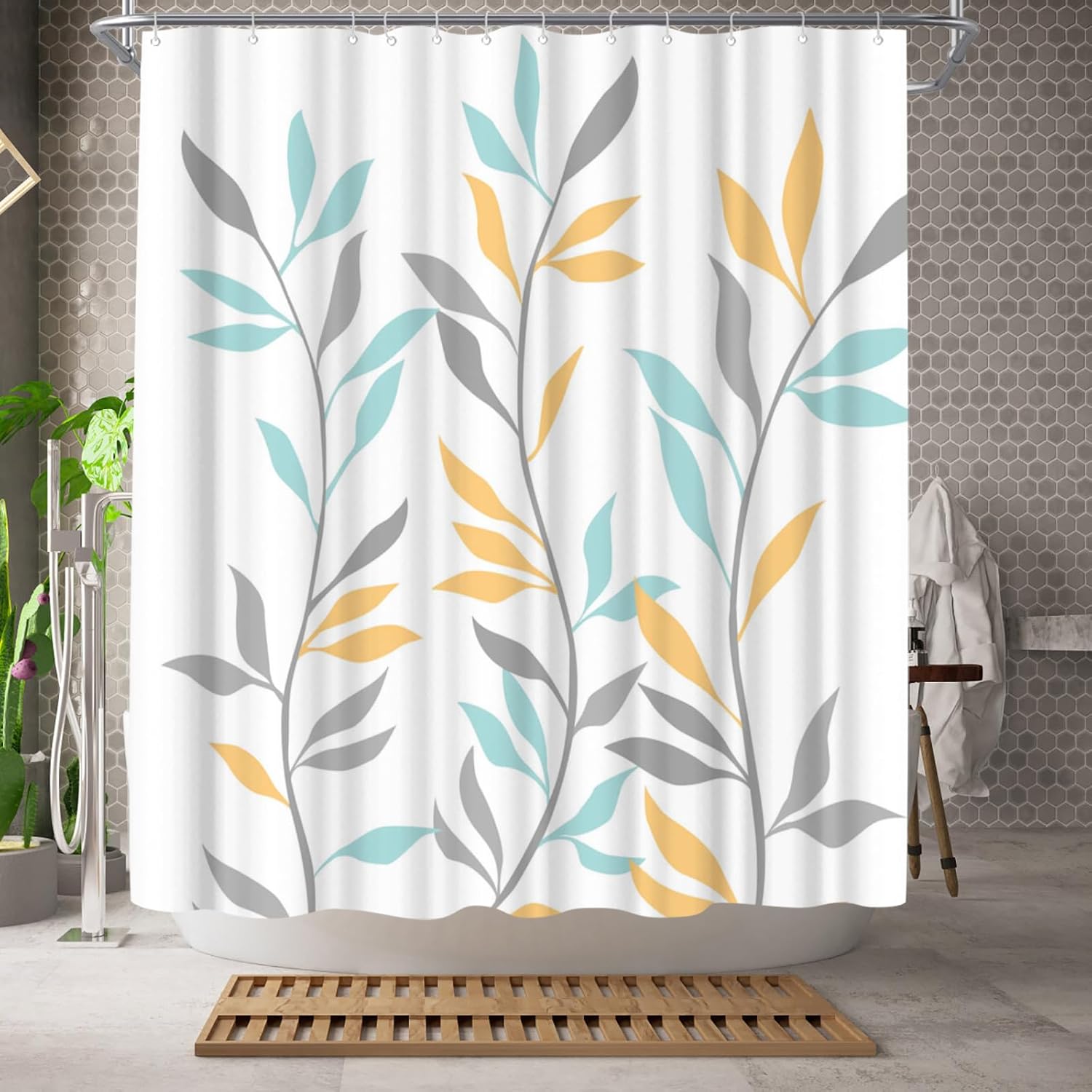 Welmeco Cortina de ducha amarilla con hojas botánicas, cortina de ducha amarilla para decoración de baño, tela de poliéster, 72 x 72 pulgadas