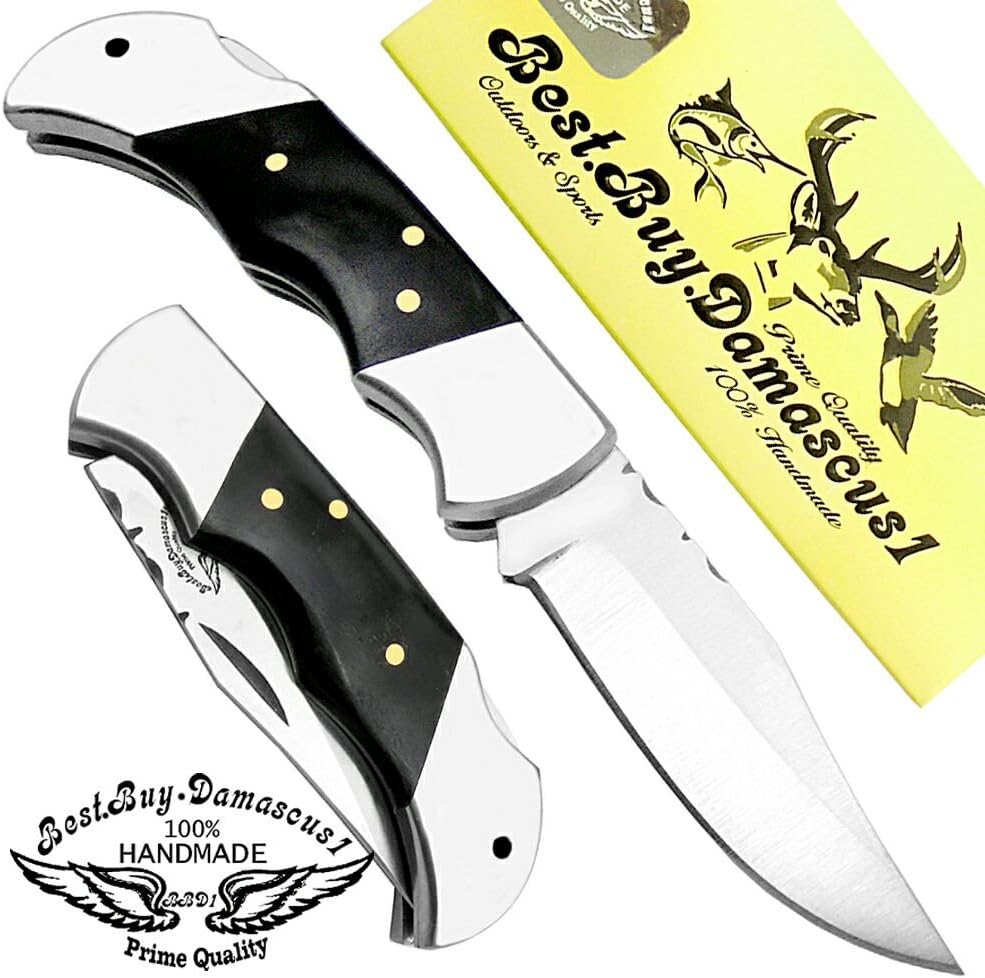 Cuchillo plegable de acero inoxidable 420cs Cuchillos de caza plegables de 5.5 pulgadas de cuerno de búfalo negro Handel cuchillo de senderismo –