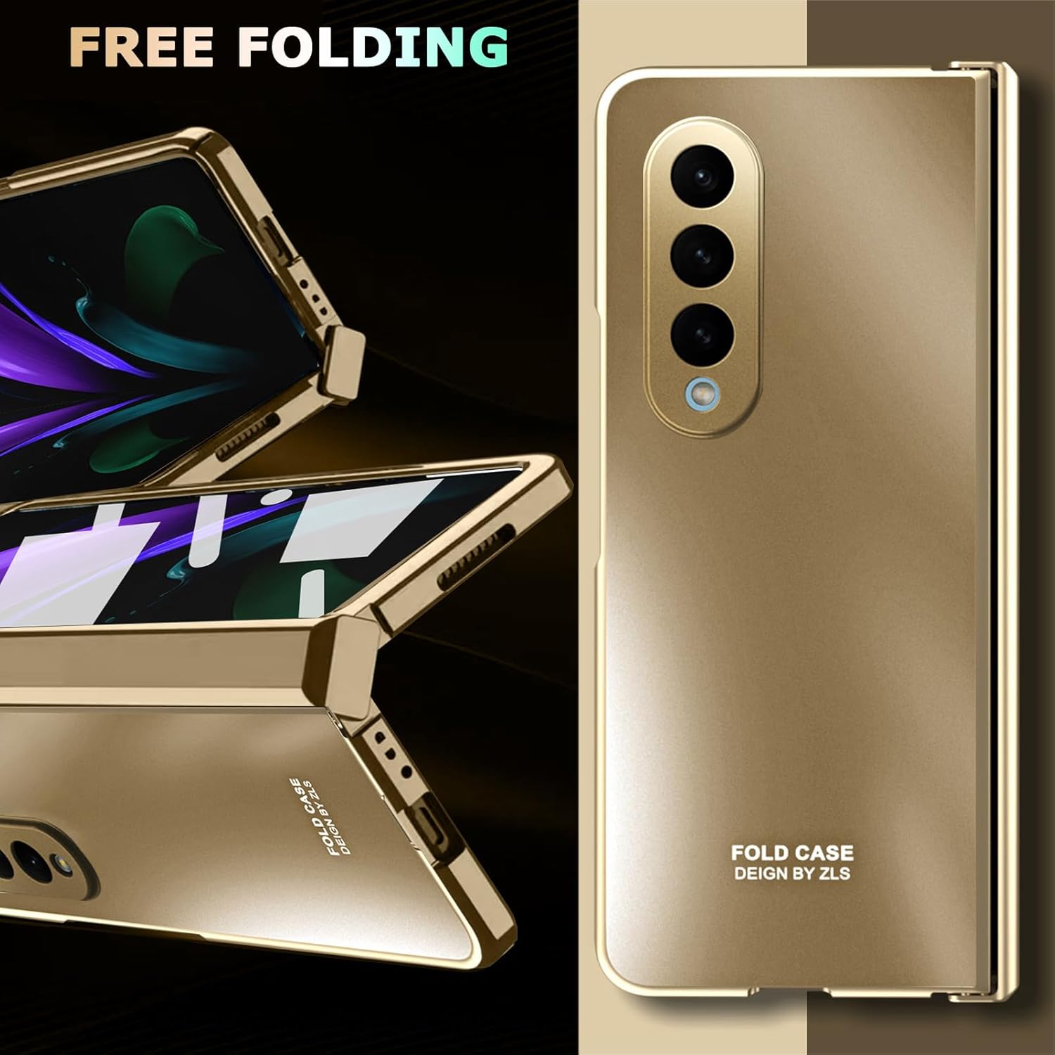 NINKI Funda compatible con Samsung Z Fold 4 de color dorado champán con protección de bisagra y textura de galvanoplastia, funda protectora de