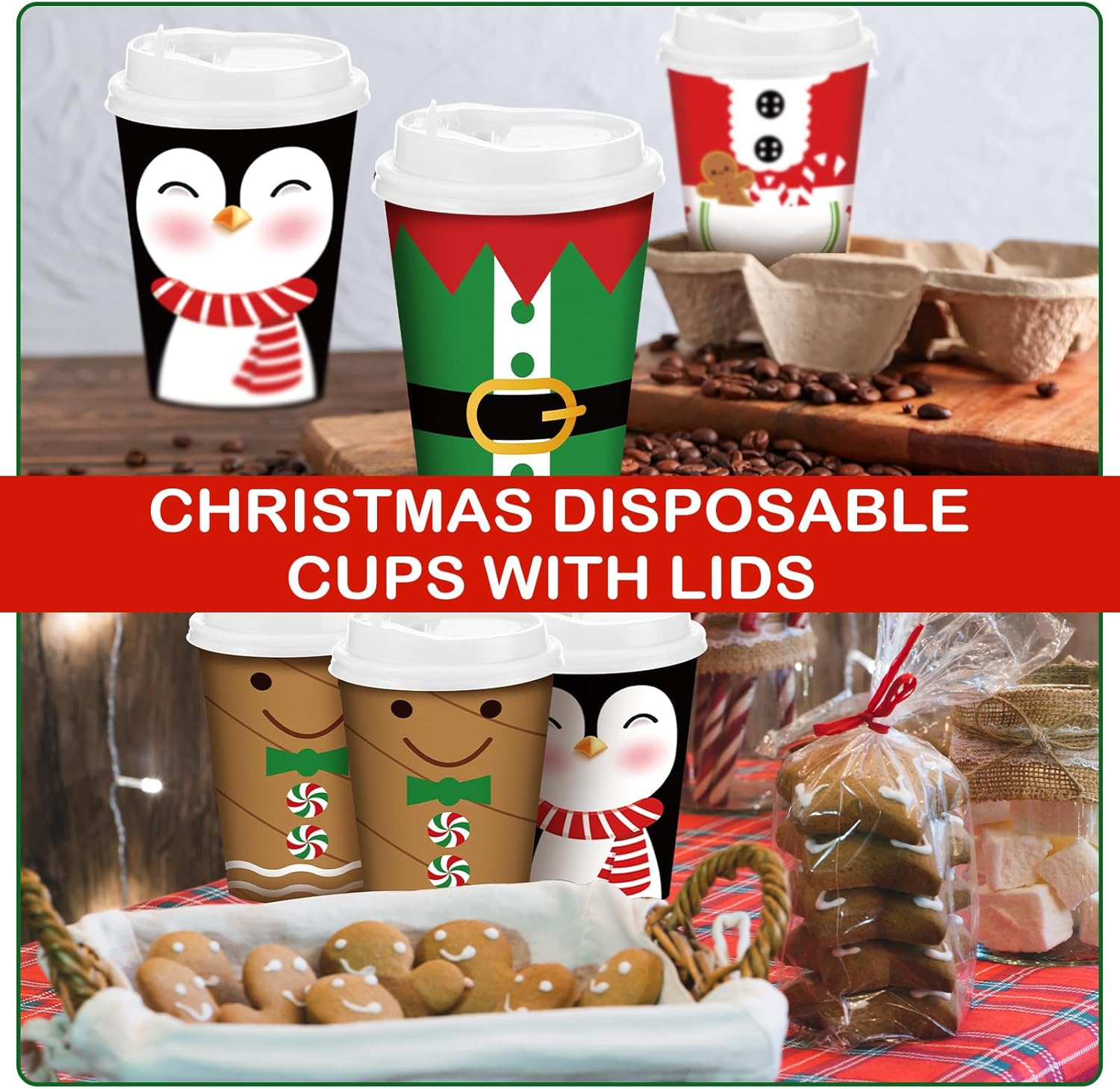 Gerrii Juego de 100 vasos de papel de Navidad desechables de 12 onzas con tapas, tazas de chocolate caliente, tazas de café, tazas calientes de