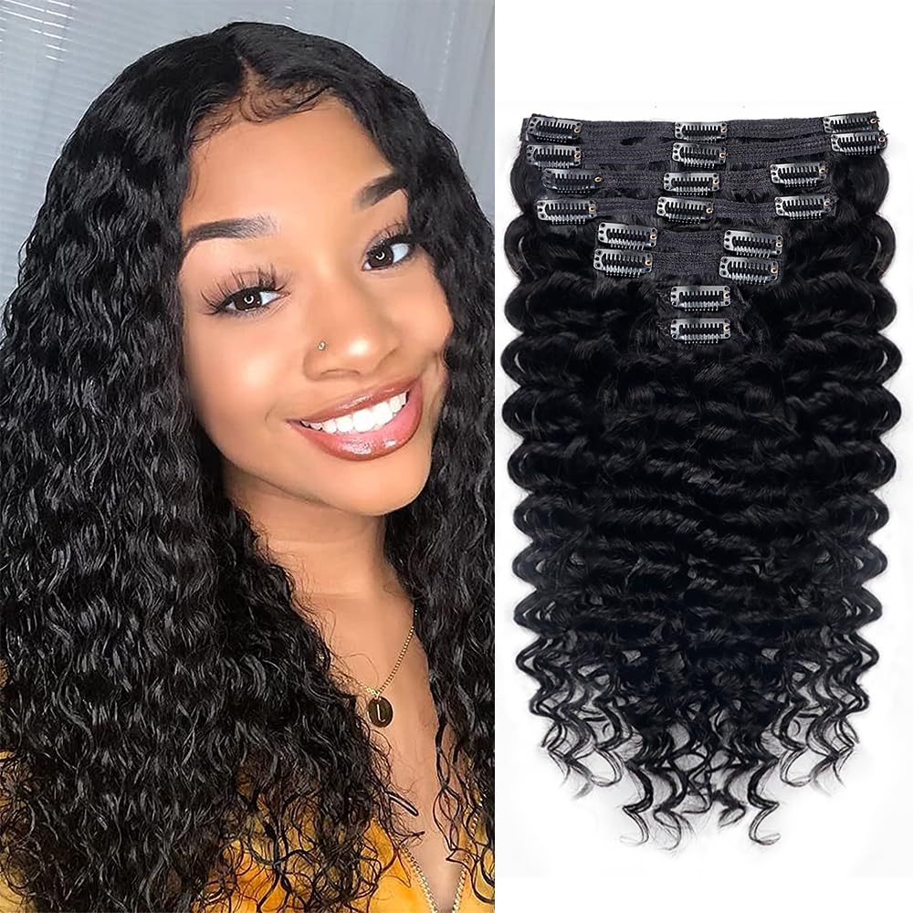 Extensiones de cabello humano real de onda profunda con clip, para mujeres negras, 8 unidades, extensiones de cabello humano Remy brasileño con 18