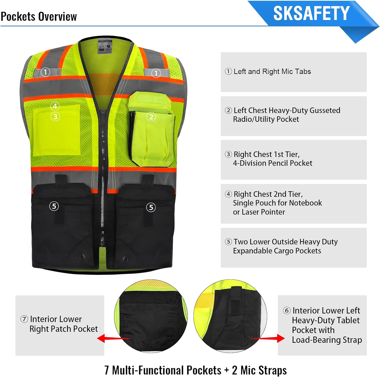 SKSAFETY Chaleco de seguridad de nivel profesional de 10 bolsillos, seguridad de alta visibilidad clase 2 con cremallera, Hi Vis con tiras