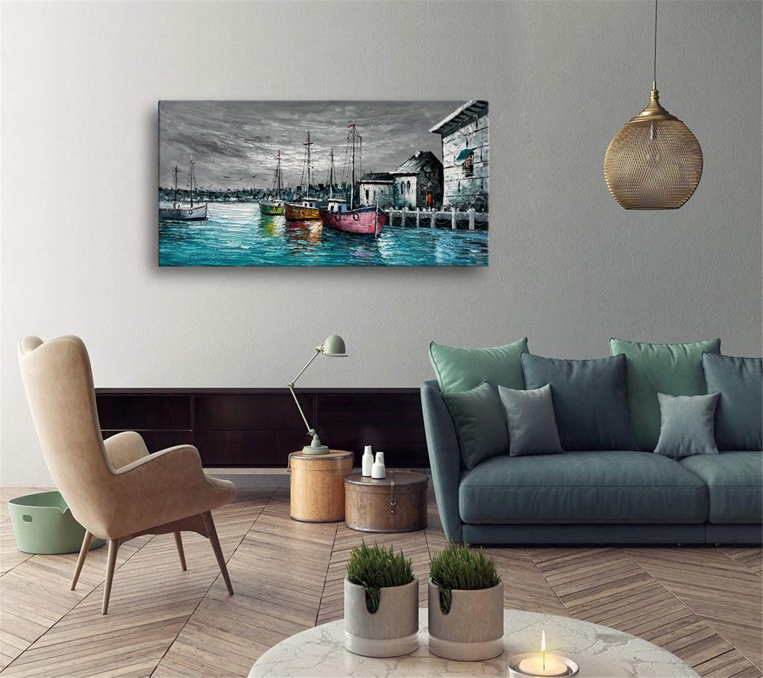 zoinart Lienzo grande pintado a mano de 48 x 24 pulgadas, pinturas abstractas para pared, textura contemporánea, arte de pared de muelle, paisaje,