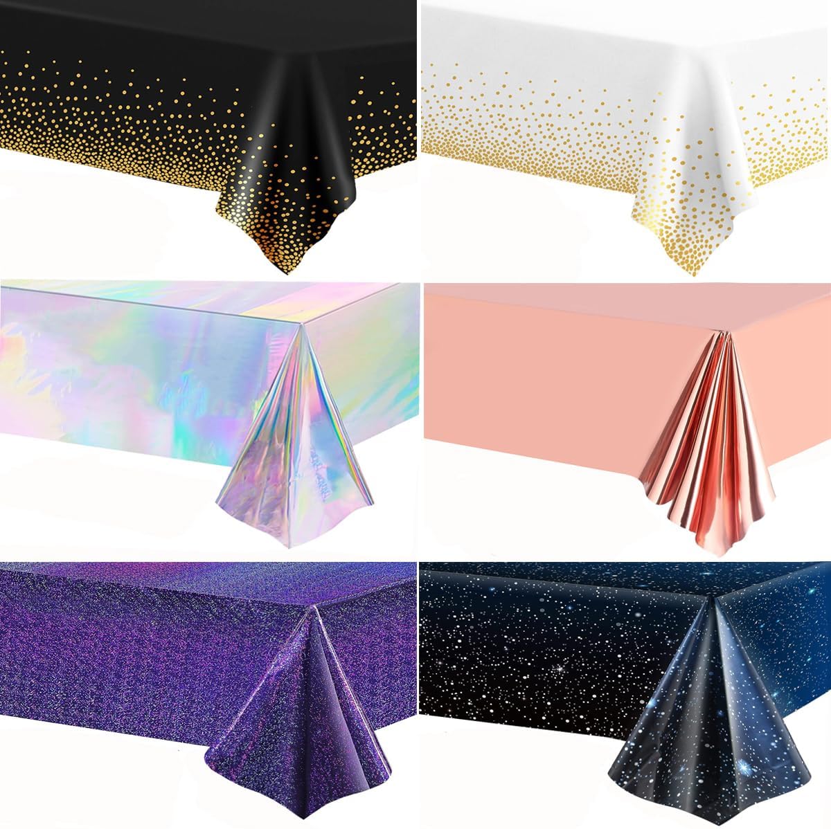 Nimrobry Pack of 6 Iridescence Tablecloths Plastic Shiny Disposable Laser Table Covers Rectangle Holographic Foil Tablecloth Waterproof for Wedding