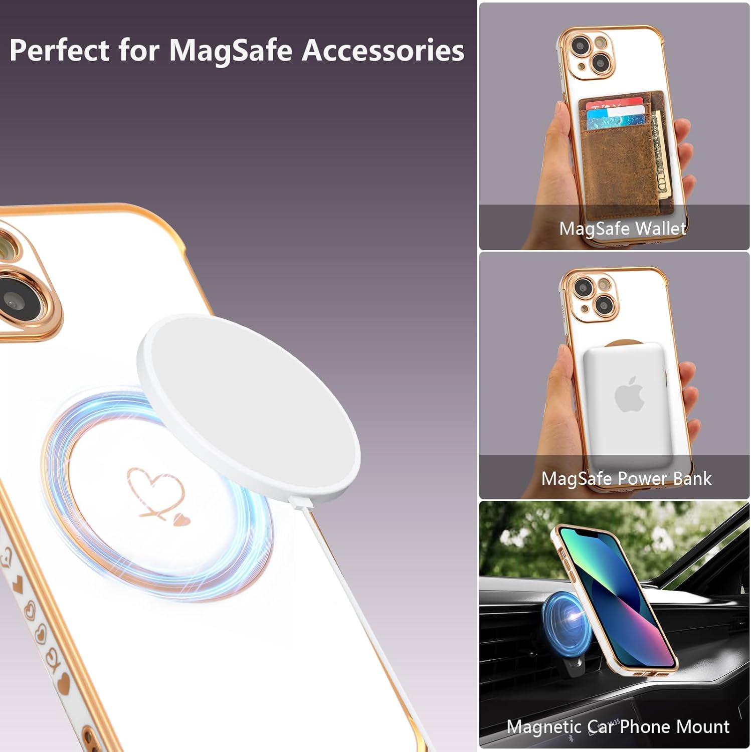 ZTOFERA Funda magnética para iPhone 13 de 6.1 pulgadas compatible con MagSafe bonita funda con patrón de corazones de amor chapado con protección de