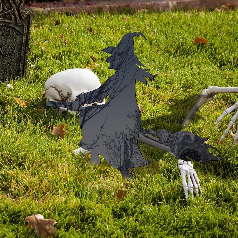 MUDOUCVC Decoraciones de Halloween al aire libre, silueta de bruja negra de Halloween con estacas, letreros de acrílico de Halloween para patio,
