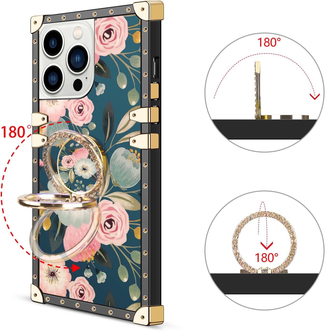 WOLLONY Funda cuadrada compatible con iPhone 15 Pro Max con anillo de soporte, para mujeres y niñas, TPU suave, a prueba de golpes, de silicona
