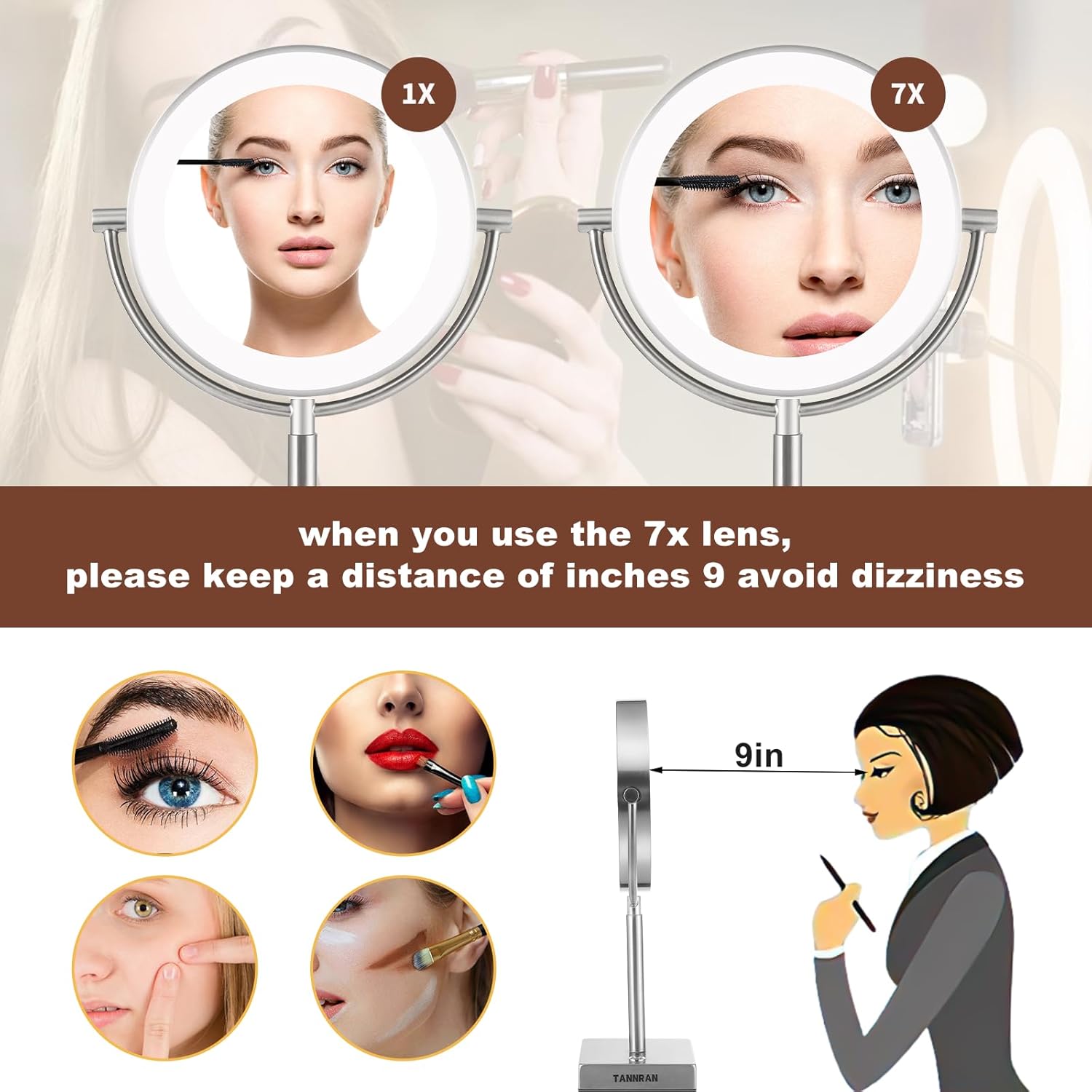 TANNRAN Espejo de maquillaje iluminado con aumento, espejo de tocador LED, espejo de aumento 1X7X, espejo de doble cara. Viene con caja de lápiz