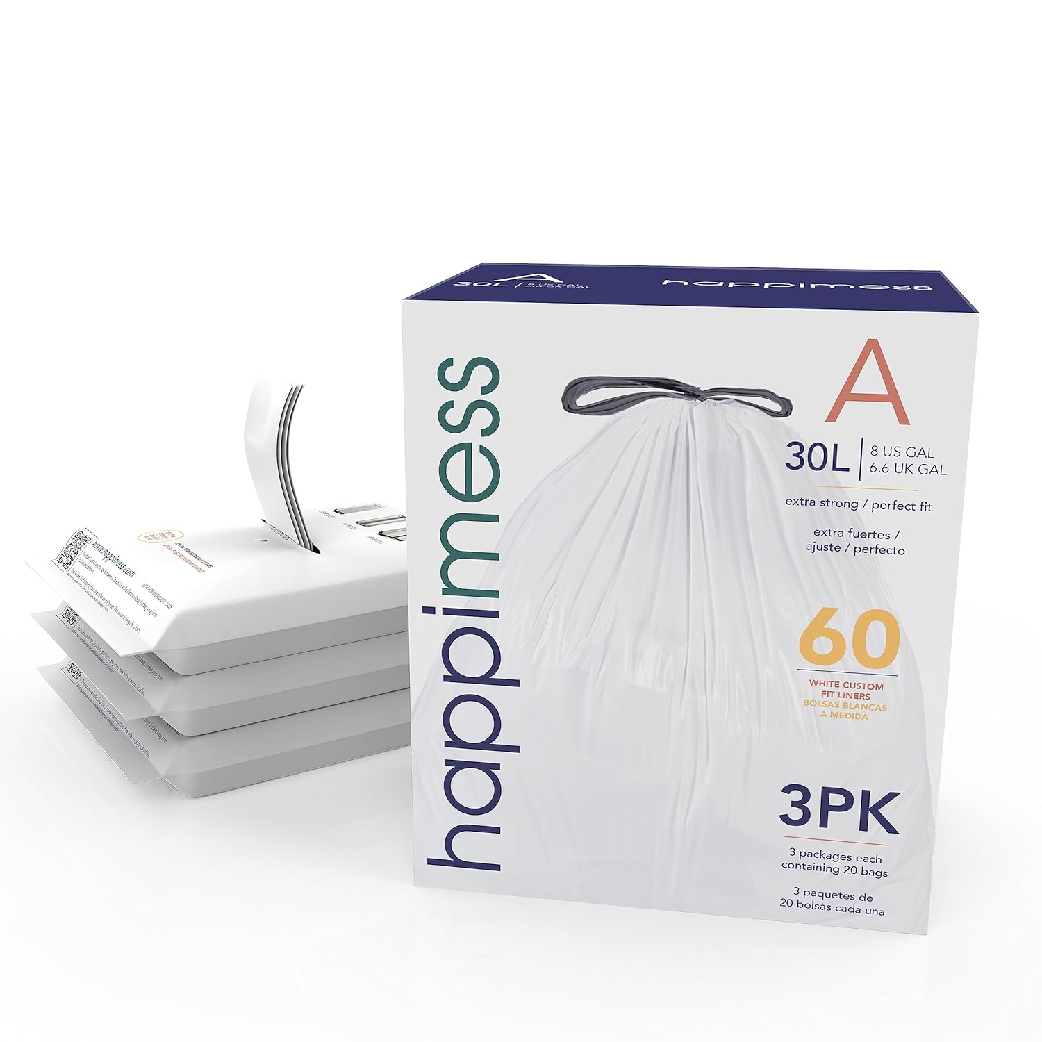 happimess HPM3000A-WHITE – Bolsas de basura con cordón de cocina de 7.9 galones, forro para botes de basura, color blanco, 60 unidades, 3 paquetes