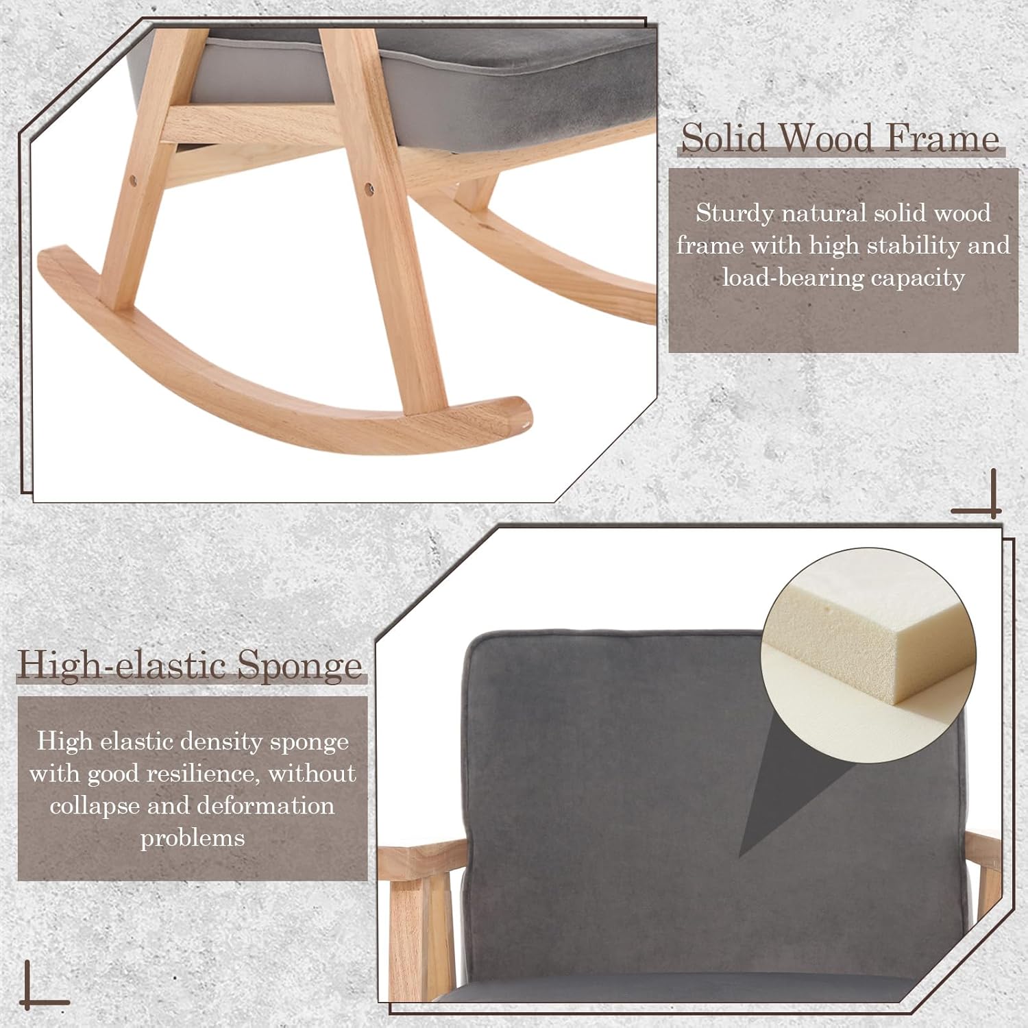 JEEOHEY Mecedora de terciopelo moderno de mediados de siglo, cómoda silla tapizada con brazo deslizante con madera maciza para sala de estar,