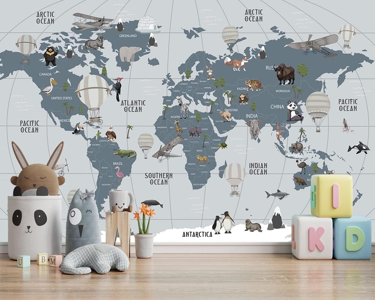 Picture Sensations Mural de pared con textura de lienzo, mapa del mundo con papel tapiz de animales, arte de pared para guardería, papel tapiz para