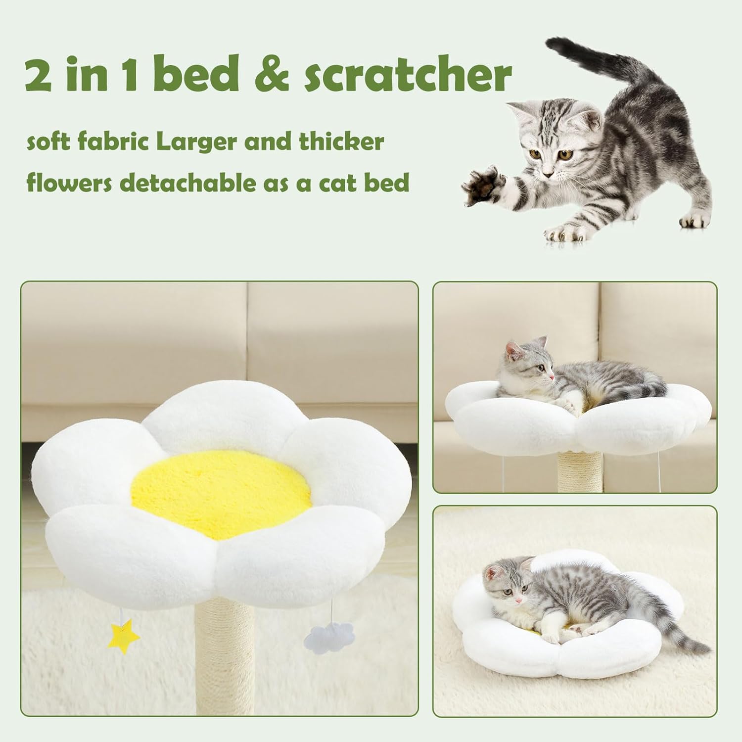 Hovicaed Lindo poste rascador para gatos, árbol de flores para gatos de interior, rascador de gatos con cama, postes de sisal para rascar, cama para