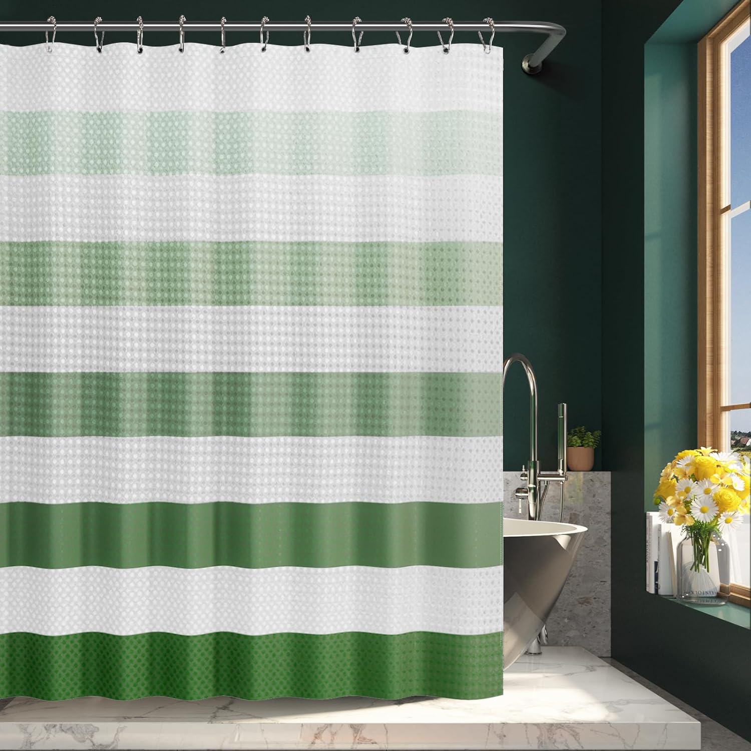 AmazerBath Cortina de ducha verde salvia con ganchos, cortina de ducha verde y blanca con textura de gofre, juego de cortina de ducha a rayas