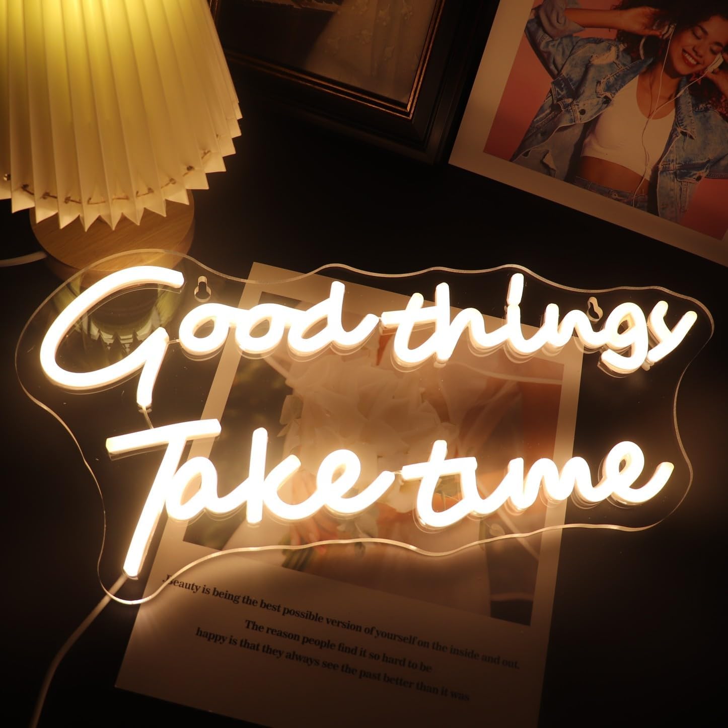 QiaoFei Letrero LED de neón con texto en inglés “Good Things Take Time”, luces de neón alimentadas por USB, para habitación de niñas, decoración de