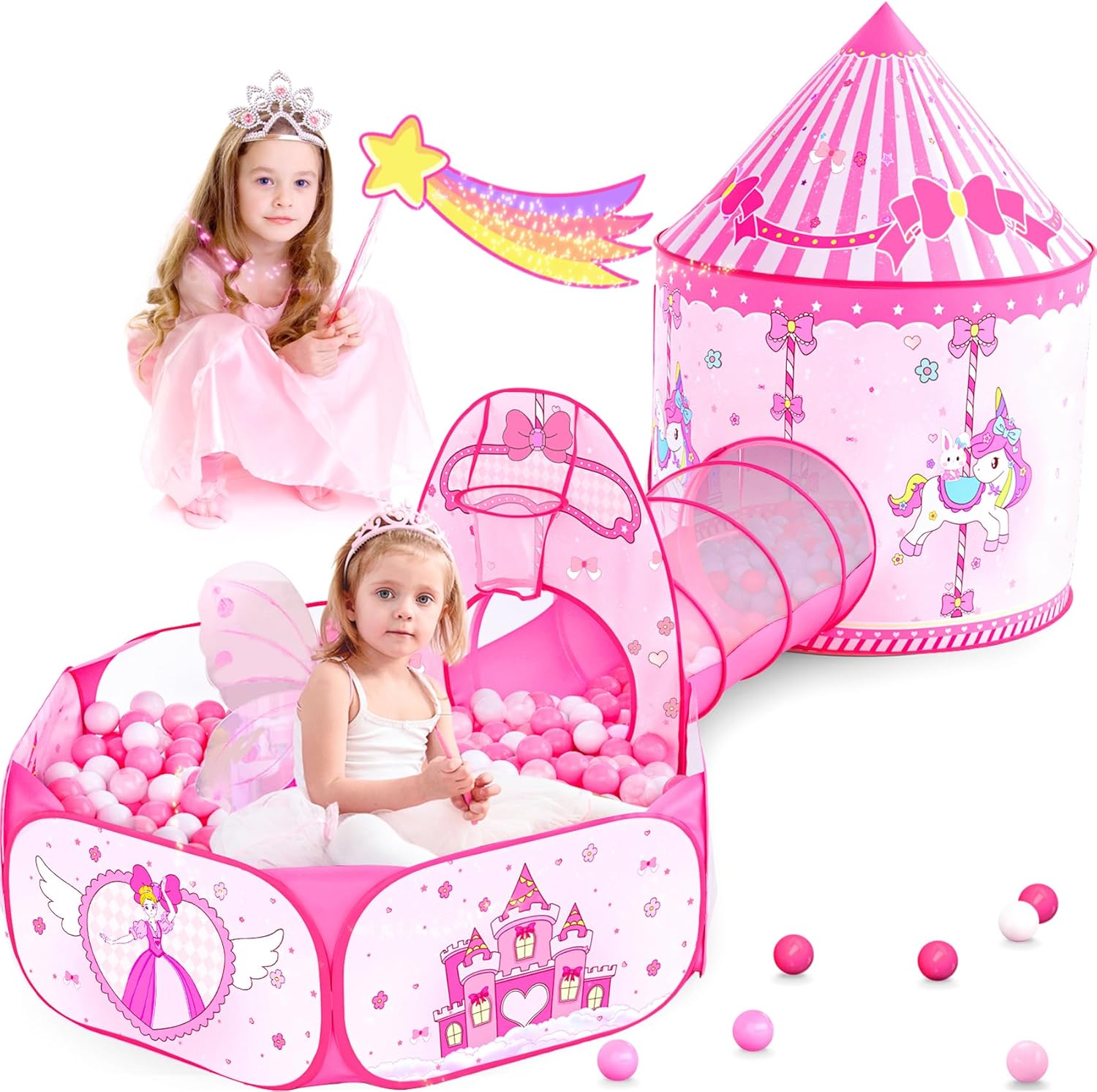 Tienda de campaña de princesa 3 en 1 para niños casa de juegos desplegable para niños pequeños con túnel de gateo, piscina de pelotas y tienda de