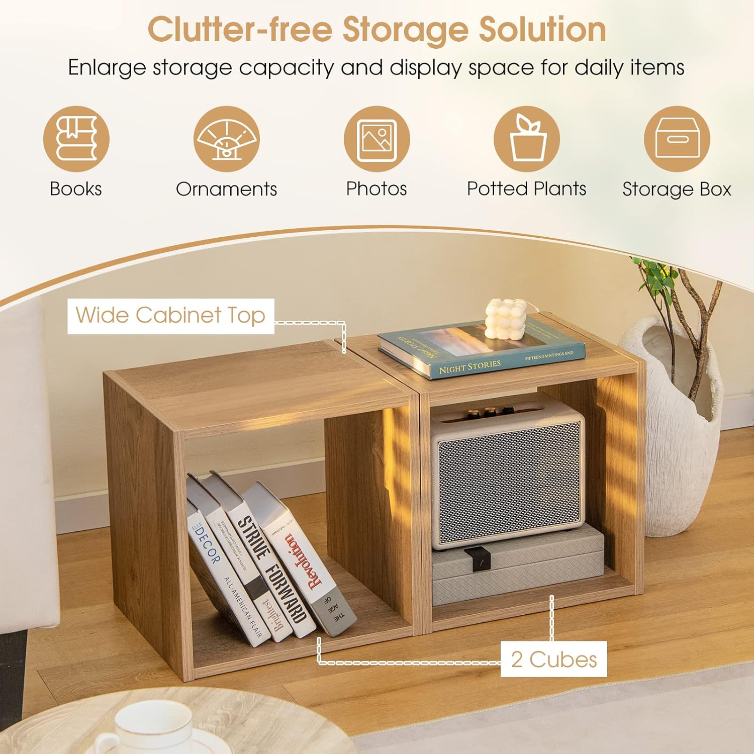 Giantex Organizador de estantería de 2 cubos, estantería abierta de 2 niveles de 15 pulgadas de alto con dispositivo anti-caída, organizador de