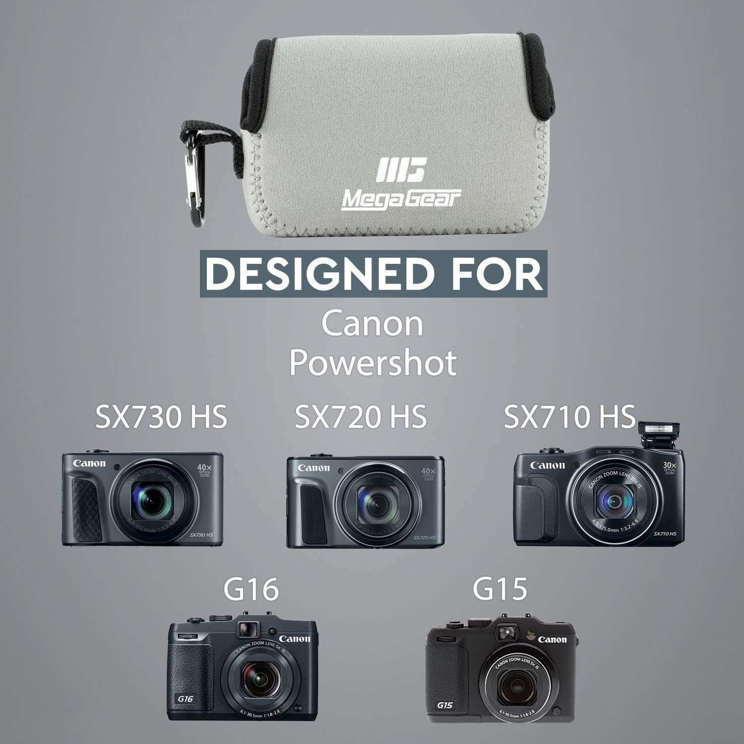 MegaGear Canon Powershot Sx730 Hs, Sx720 Hs, Sx710 Hs, G16, G15 Funda de neopreno ultra ligera para cámara, con mosquetón, color gris, MG1246, piel