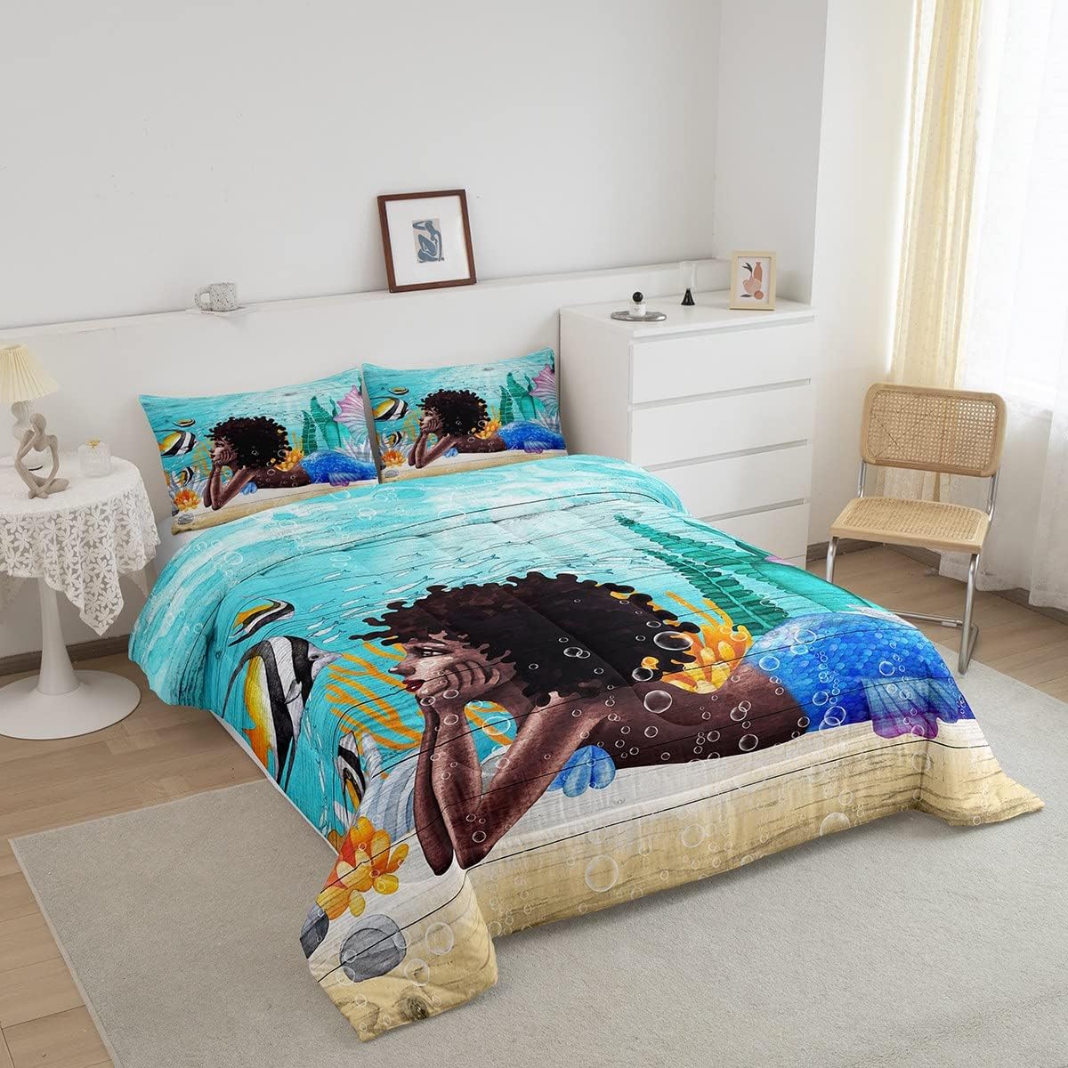 Juego de edredón de sirena negra para niños, tamaño Queen, ropa de cama de princesa sirena azul africana, regalo para niños y adultos, regalo de