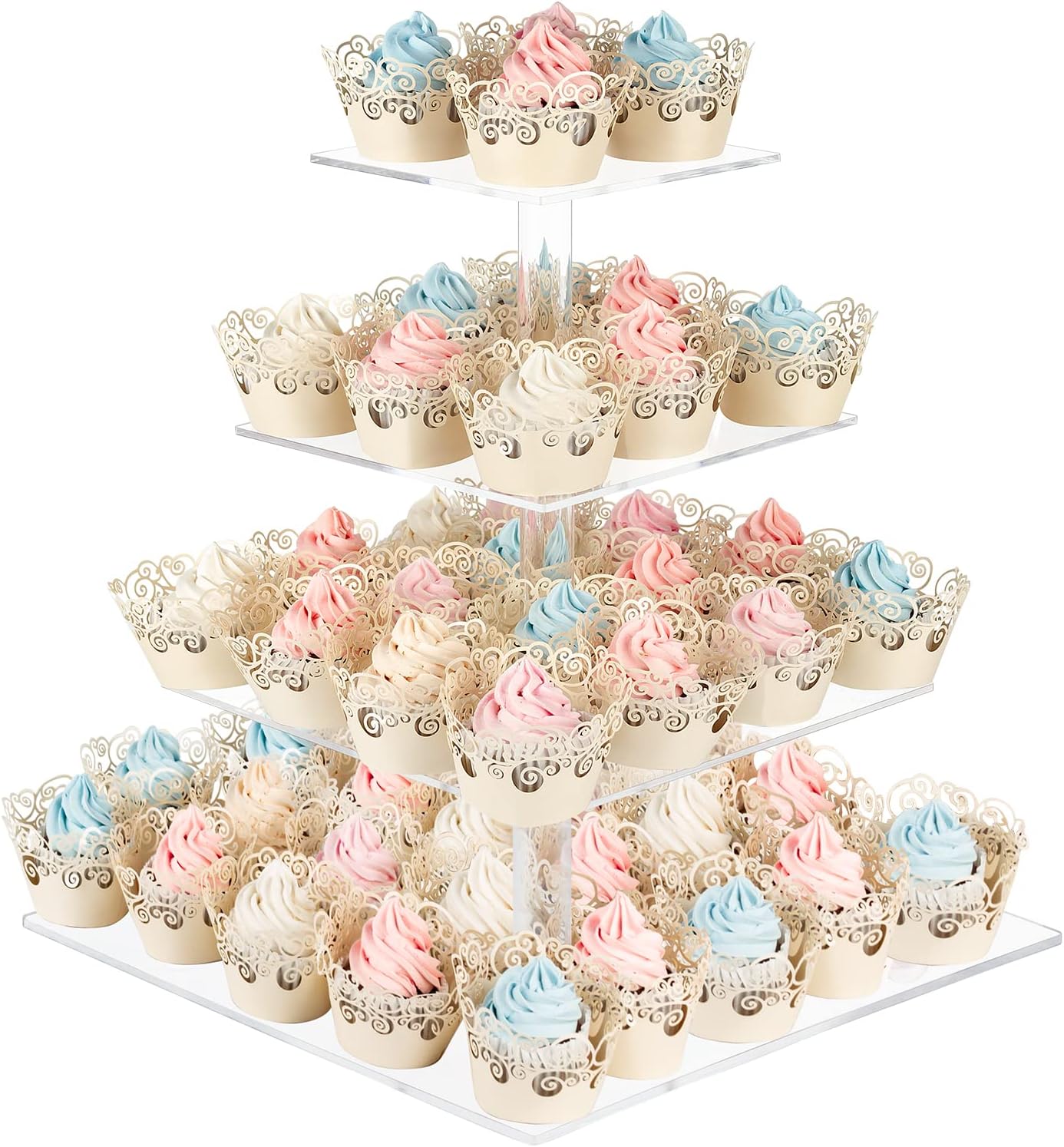 Soporte para magdalenas con base, soporte cuadrado de acrílico de 4 niveles, soporte de exhibición de cupcakes de torre de postre soporte de