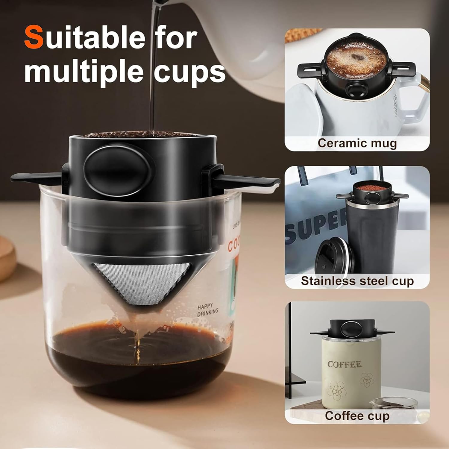 Gotero de café para verter sobre café, filtros de café reutilizables de acero inoxidable, filtro de café de campamento fácil de limpiar, cafetera de