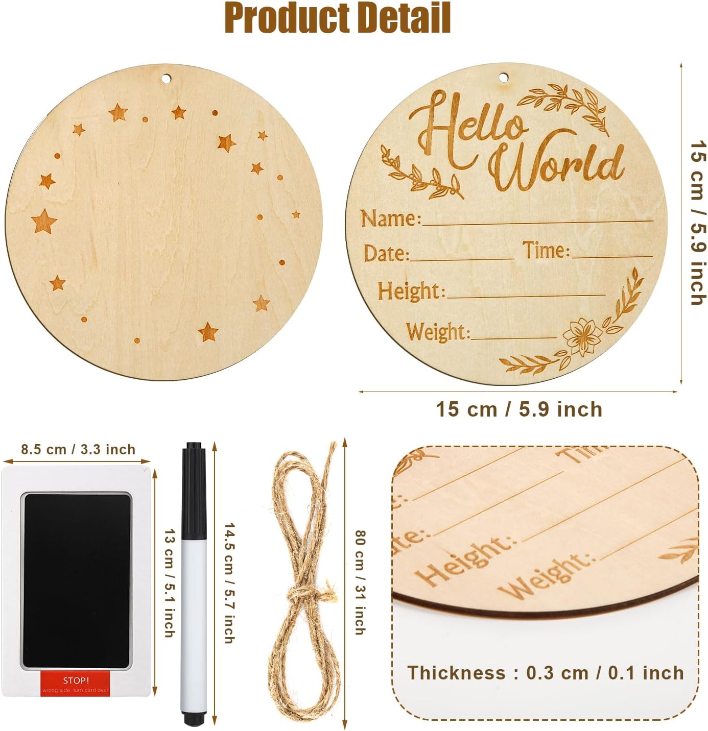 Letrero de anuncio de bebé, 5.9 pulgadas, de doble cara, de madera, con texto en inglés “Hello World”, letrero de anuncio de nacimiento de bebé,