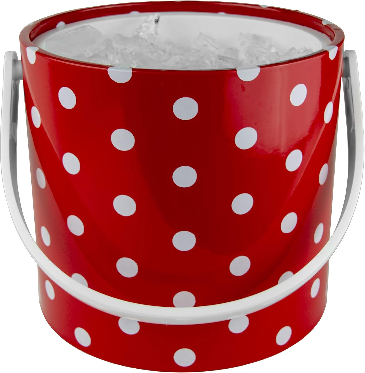 Cubo de hielo aislado de 3 cuartos de galón de doble pared rojo y blanco hecho a mano en Estados Unidos con pinzas para hielo (colección de lunares)