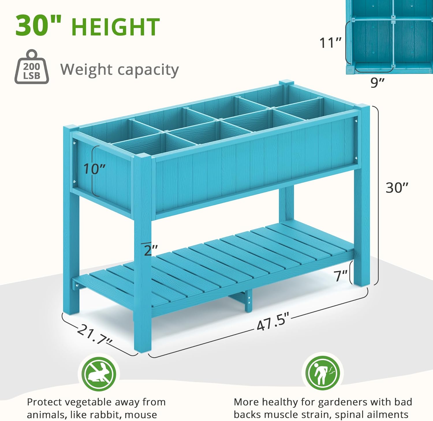 LUE BONA Cama de jardín elevada grande con herramientas y estante, 47 x 21 x 30 pulgadas, 8 bolsillos HDPS elevados para bricolaje con patas, sin