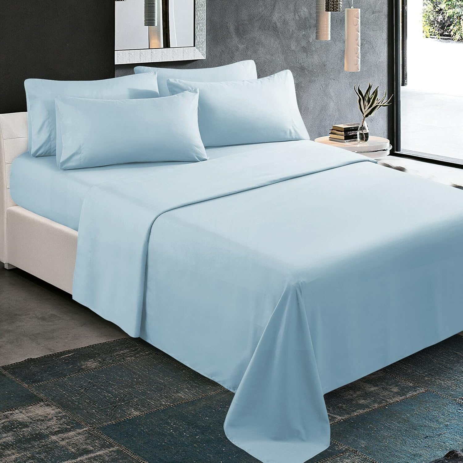 Juego de sábanas de lujo de 6 piezas para hotel, 100% algodón, sábana bajera ajustable de 21 a 24 pulgadas, sin arrugas, juego de ropa de cama real