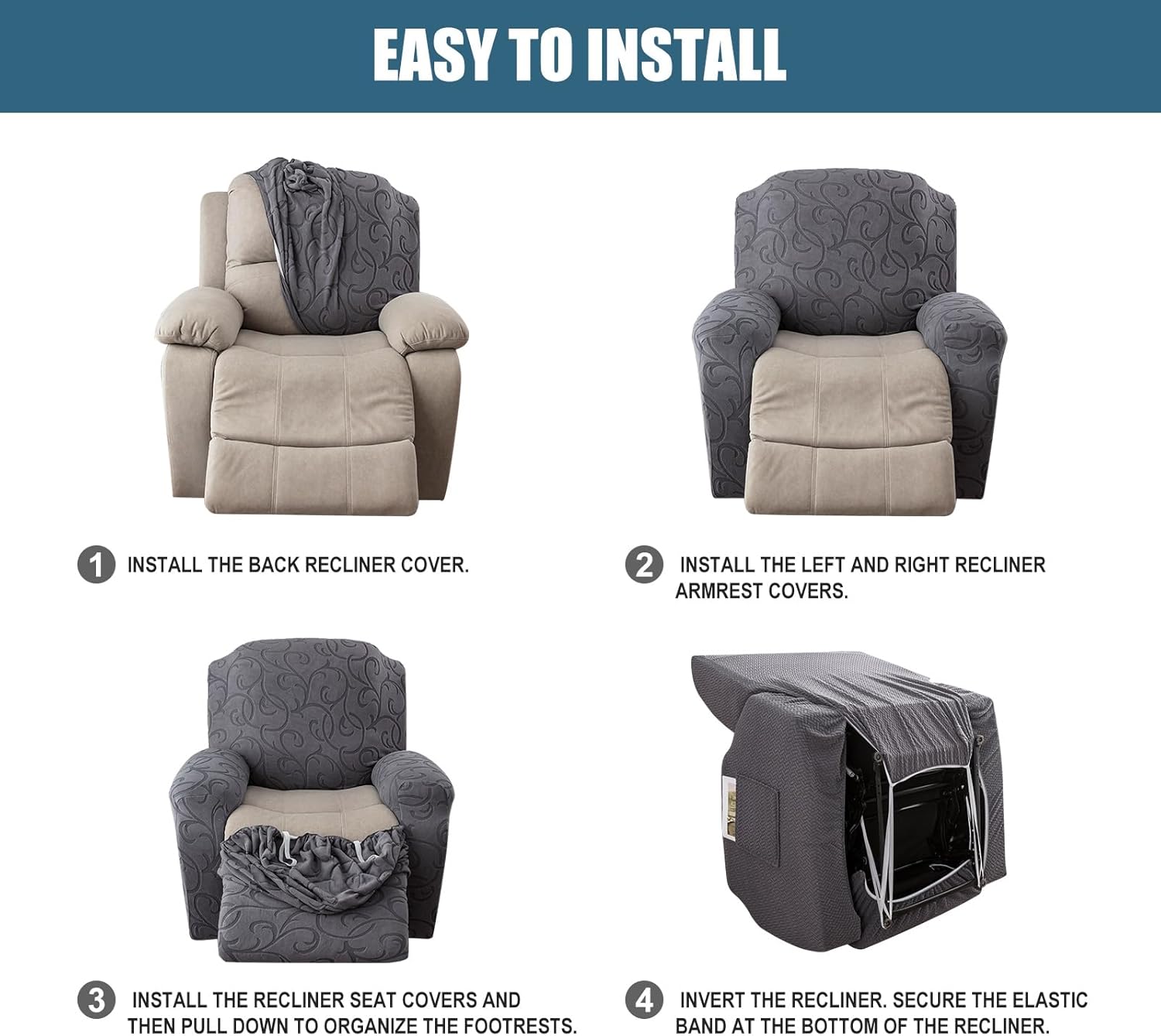 YUEANG Funda reclinable elástica de 4 piezas, funda de sofá para sofá reclinable de 1 asiento, protector de muebles lavable con parte inferior