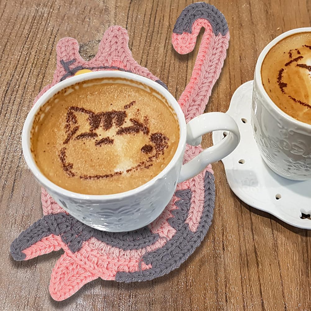 4 posavasos de punto con diseño de gato, bonitos y divertidos posavasos de punto rosa, negro, naranja, gris, marrón, protección de mesa, regalo para