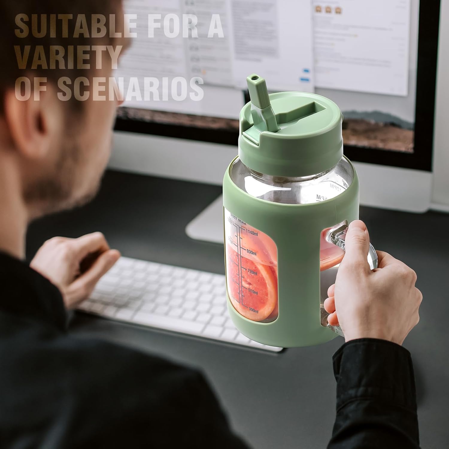 Vaso de vidrio con asa y tapa de popote integrada, botella de agua de vidrio de 50 onzas, vaso de vidrio reutilizable a prueba de fugas, taza de