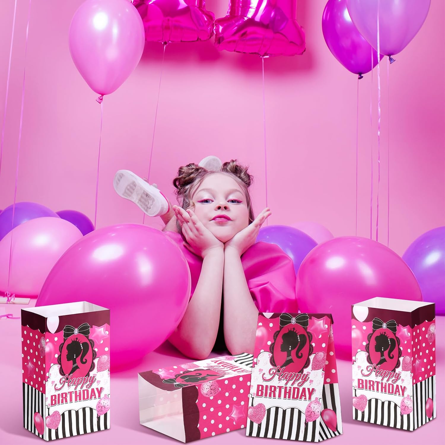 Tatuo 24 bolsas de regalo para fiesta de princesa, color rosa intenso, bolsas de regalo de papel de cumpleaños para niñas, bolsas de dulces para