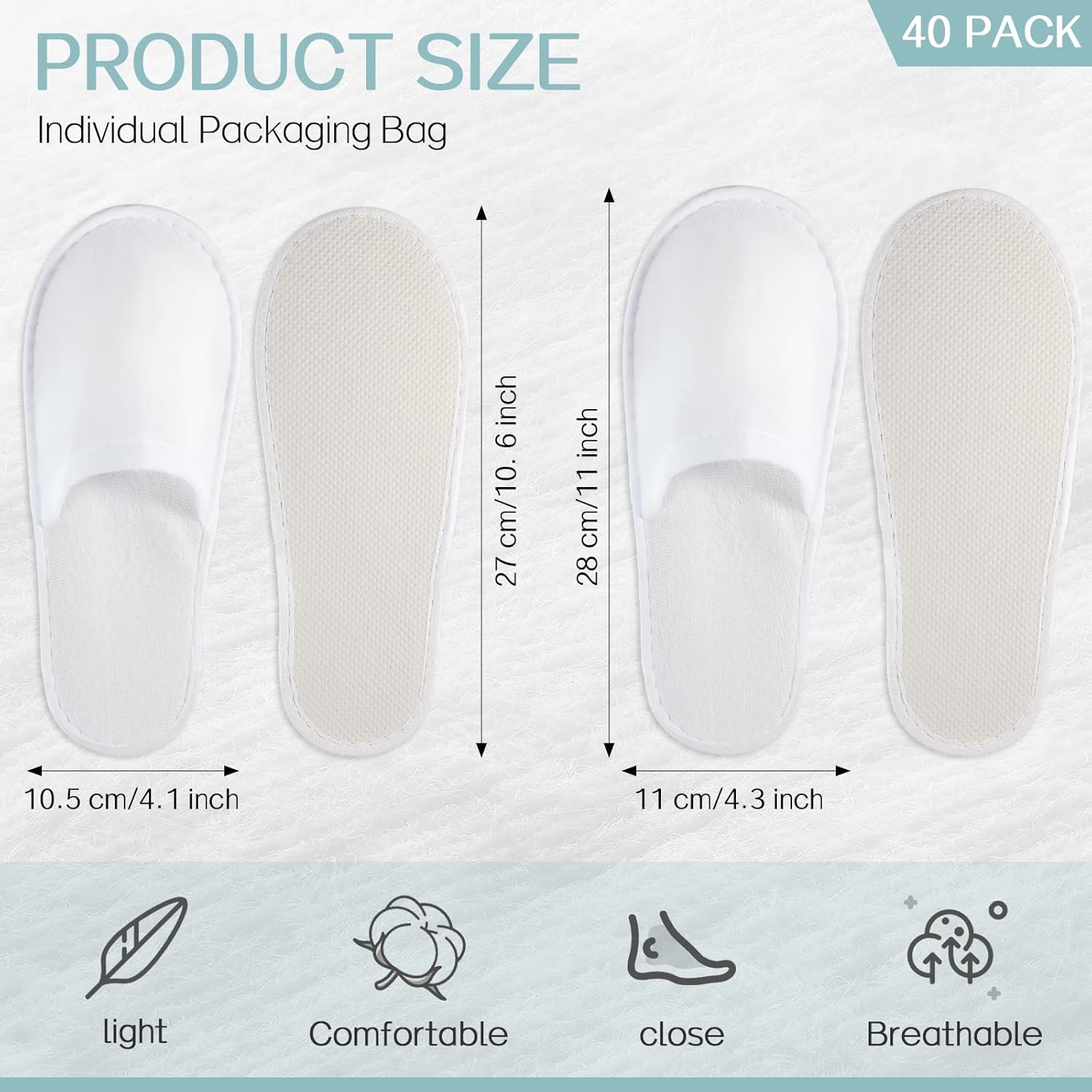 40 pares de pantuflas desechables con punta cerrada, pantuflas de spa, pantuflas blancas de hotel, pantuflas portátiles de viaje, pantuflas de