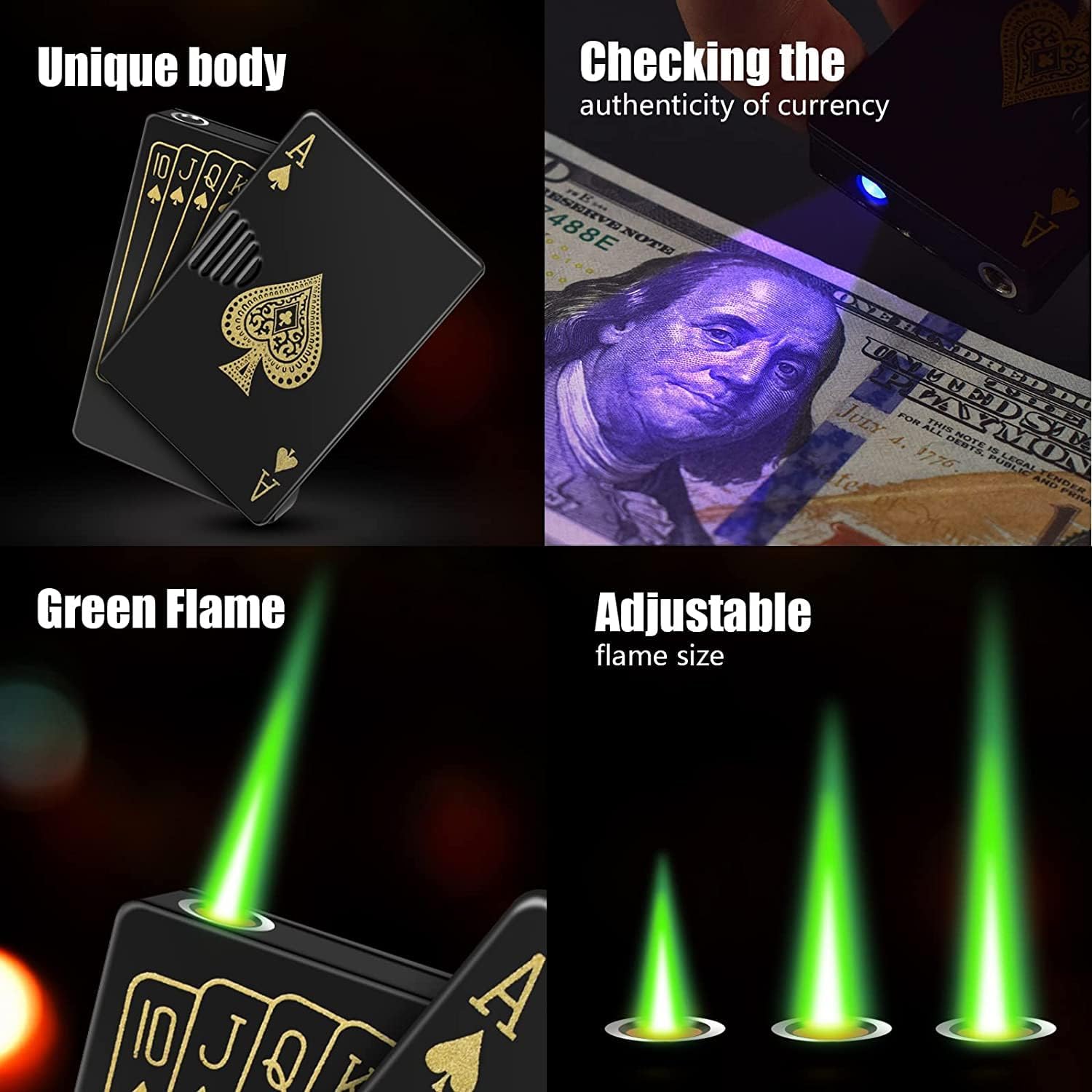 Encendedor de antorcha de chorro de 2 unidades, encendedor de tarjetas de llama verde y roja, diseño de póquer a prueba de viento, encendedor de