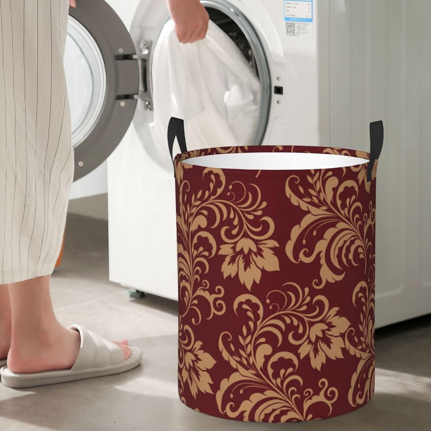 Cesta de lavandería con asas, para ropa sucia, juguetes, organiza almacenamiento, compatible con flores, granate, dorado, floral, color borgoña,