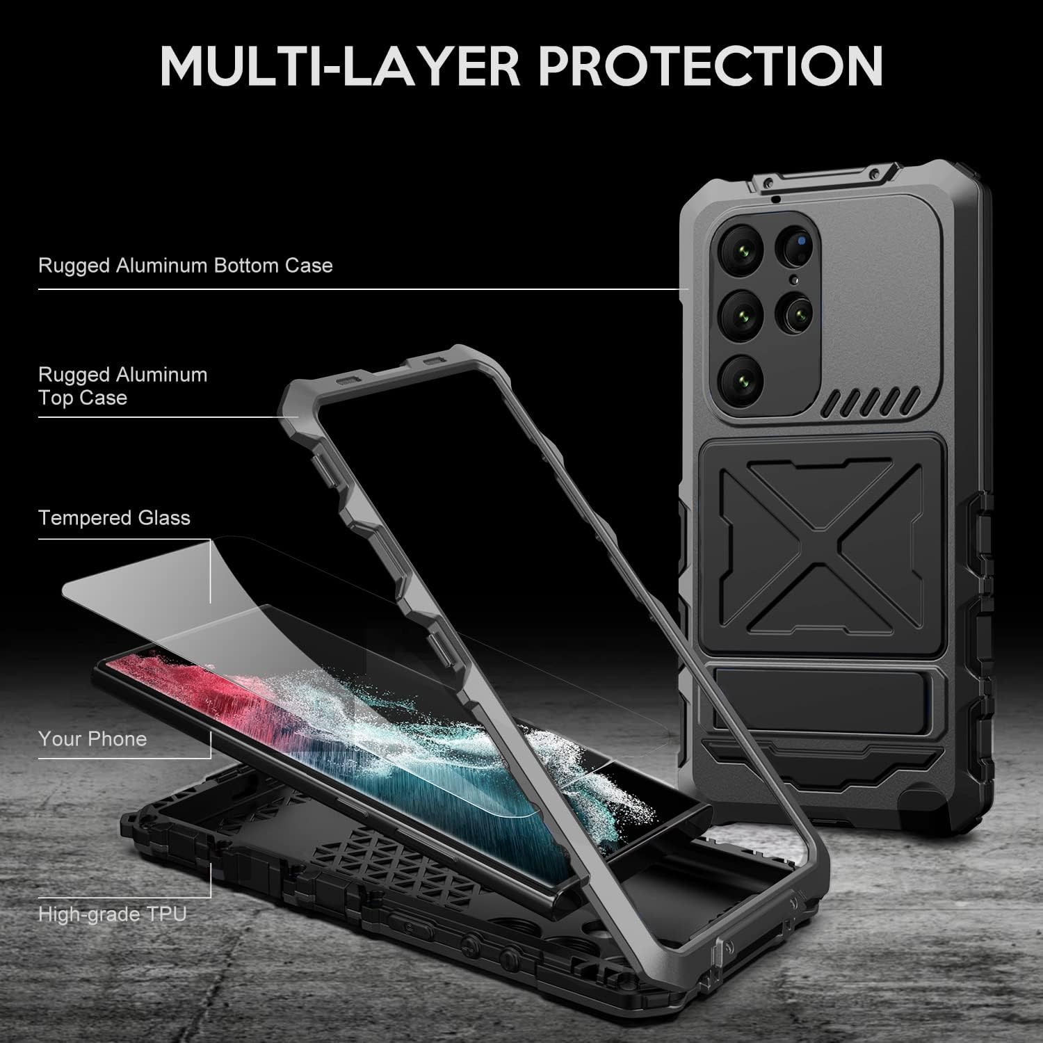 Simicoo Funda de silicona resistente para Samsung S23 Ultra Metal Bumper Militar Resistente Armor Defender Samsung S23 Ultra Funda de metal con