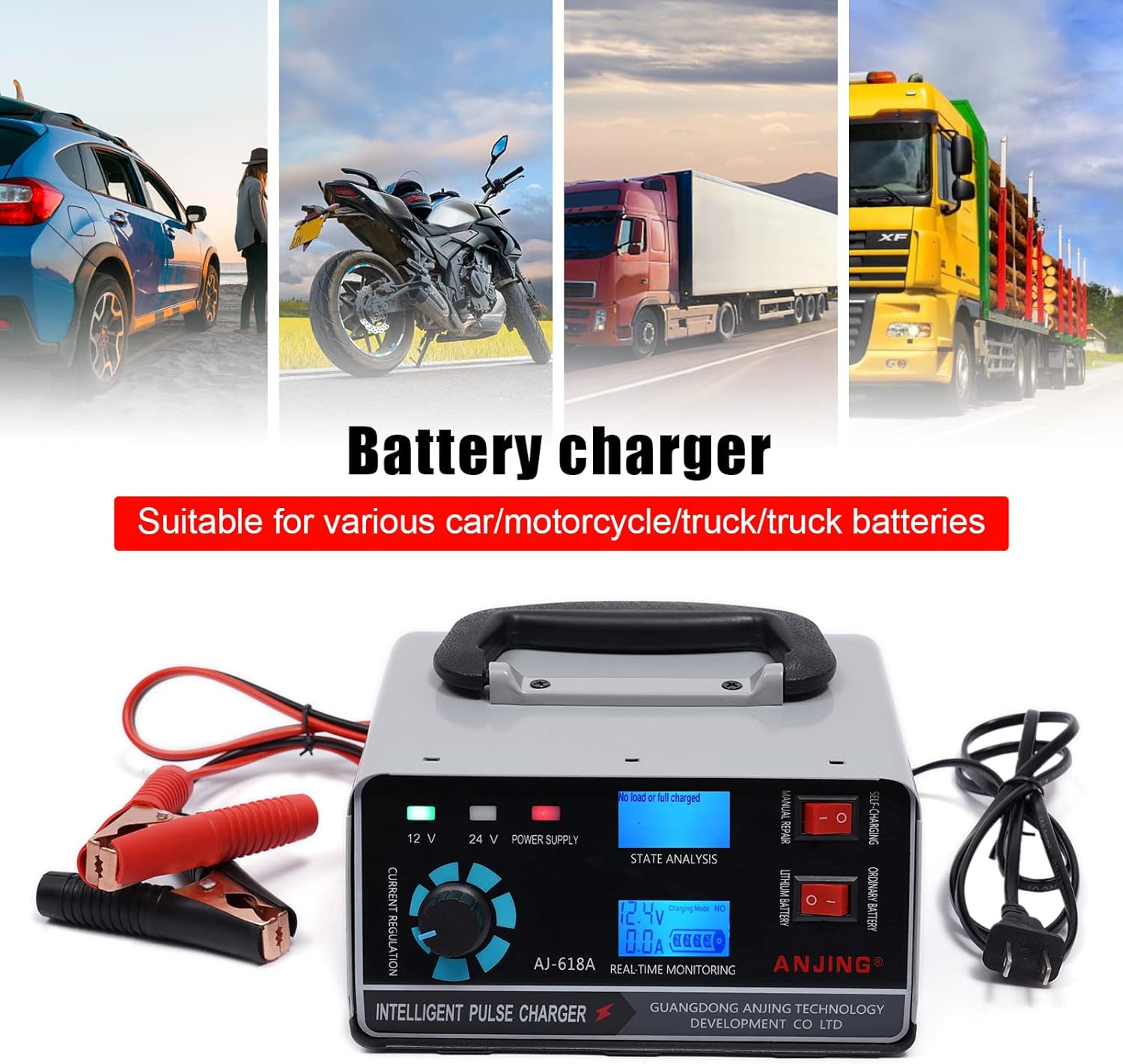 Cargador de batería de coche, cargador de batería de plomo y litio de 12 V24 V con pantalla LCD, mantenimiento de batería inteligente carga de goteo