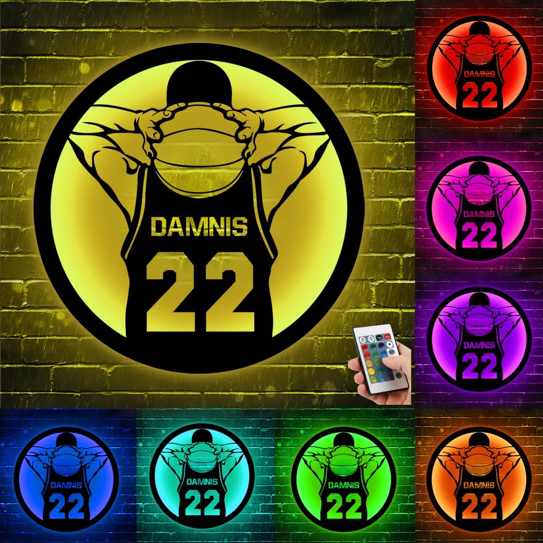 Letrero de metal personalizado para jugador de baloncesto con luz LED, nombre y número personalizados, arte de pared de baloncesto, decoración del