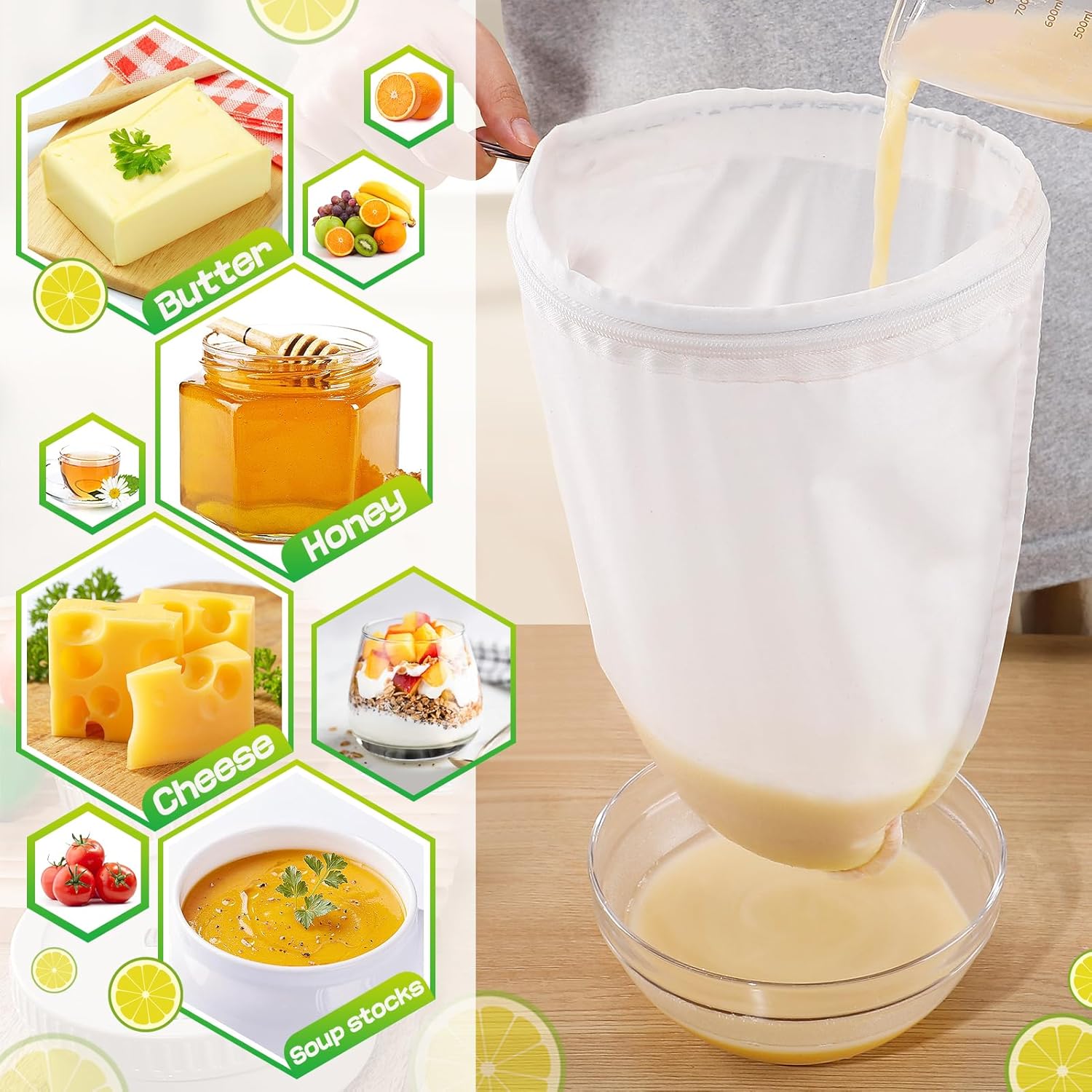 Bolsas coladoras de malla ultrafina, 3 piezas de colador de leche de nuez reutilizable con marco de mango de acero inoxidable, bolsas de filtro de