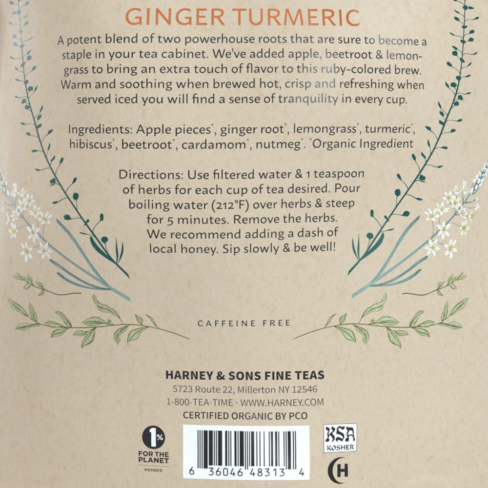 Harney & Sons Cúrcuma de jengibre orgánico  Bolsa de 8 onzas de jengibre suelto y cúrcuma