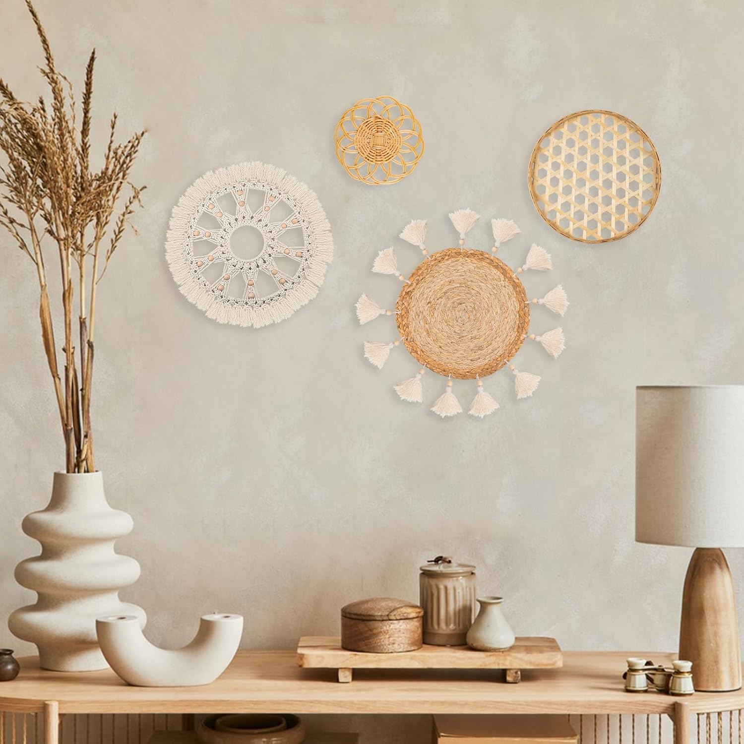 Juego de 4 decoraciones bohemias para colgar en la pared, cesta de pared tejida plana, hecha a mano, redonda, blanco, macramé, bandeja elegante,
