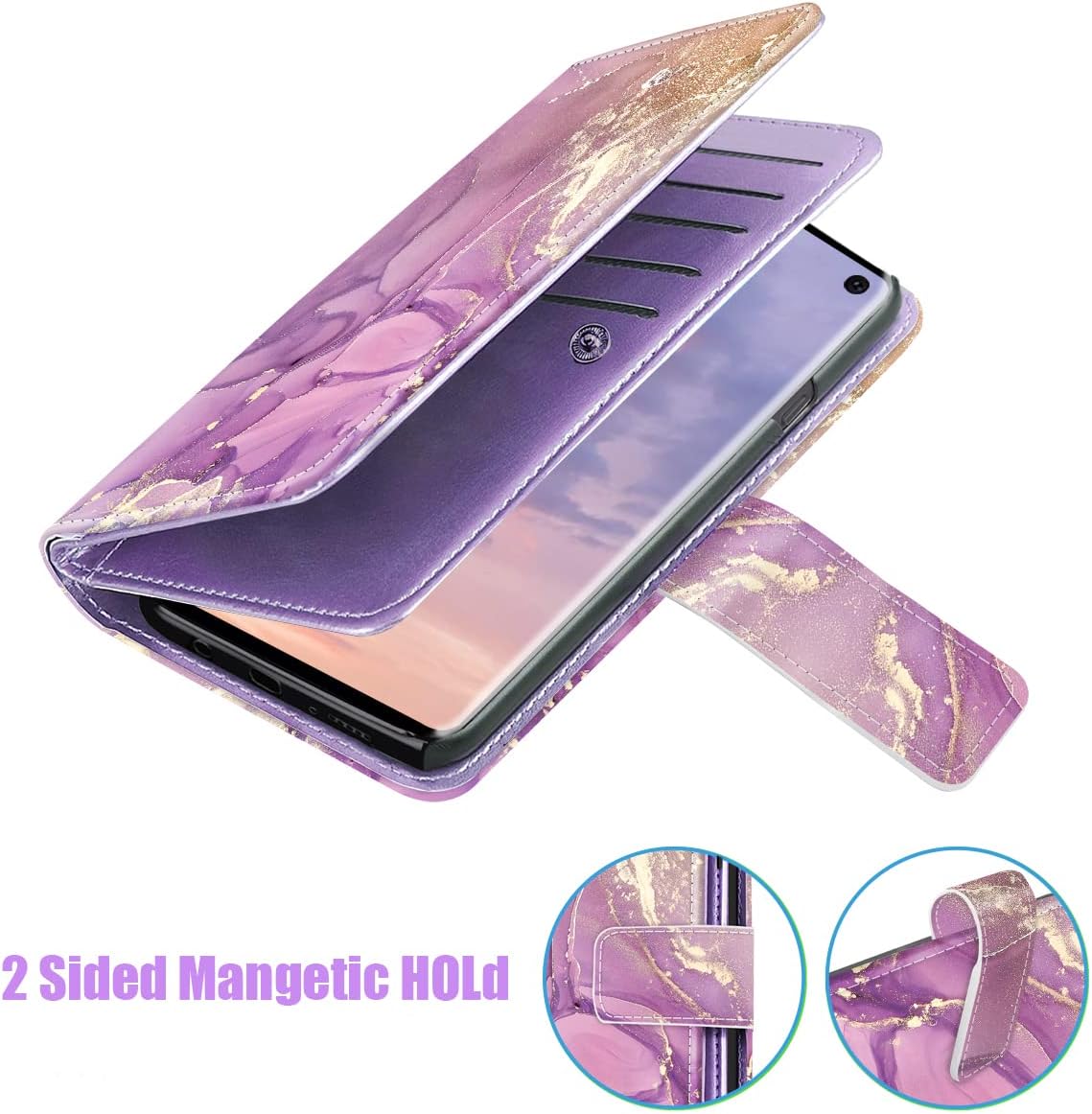 Fingic Funda para Samsung S10e, Galaxy S10e, funda tipo cartera con diseño de mármol dorado, 9 tarjetero, piel sintética, desmontable, correa de