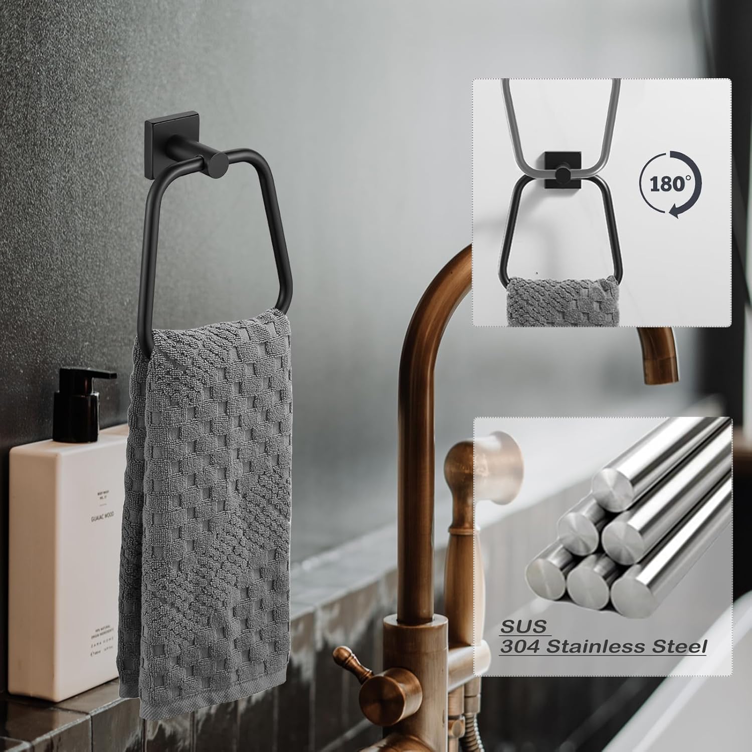 LOORODR Juego de accesorios de baño, toalleros de acero inoxidable SUS304, 5 piezas de barra de toalla negro mate montado en la pared, barras de