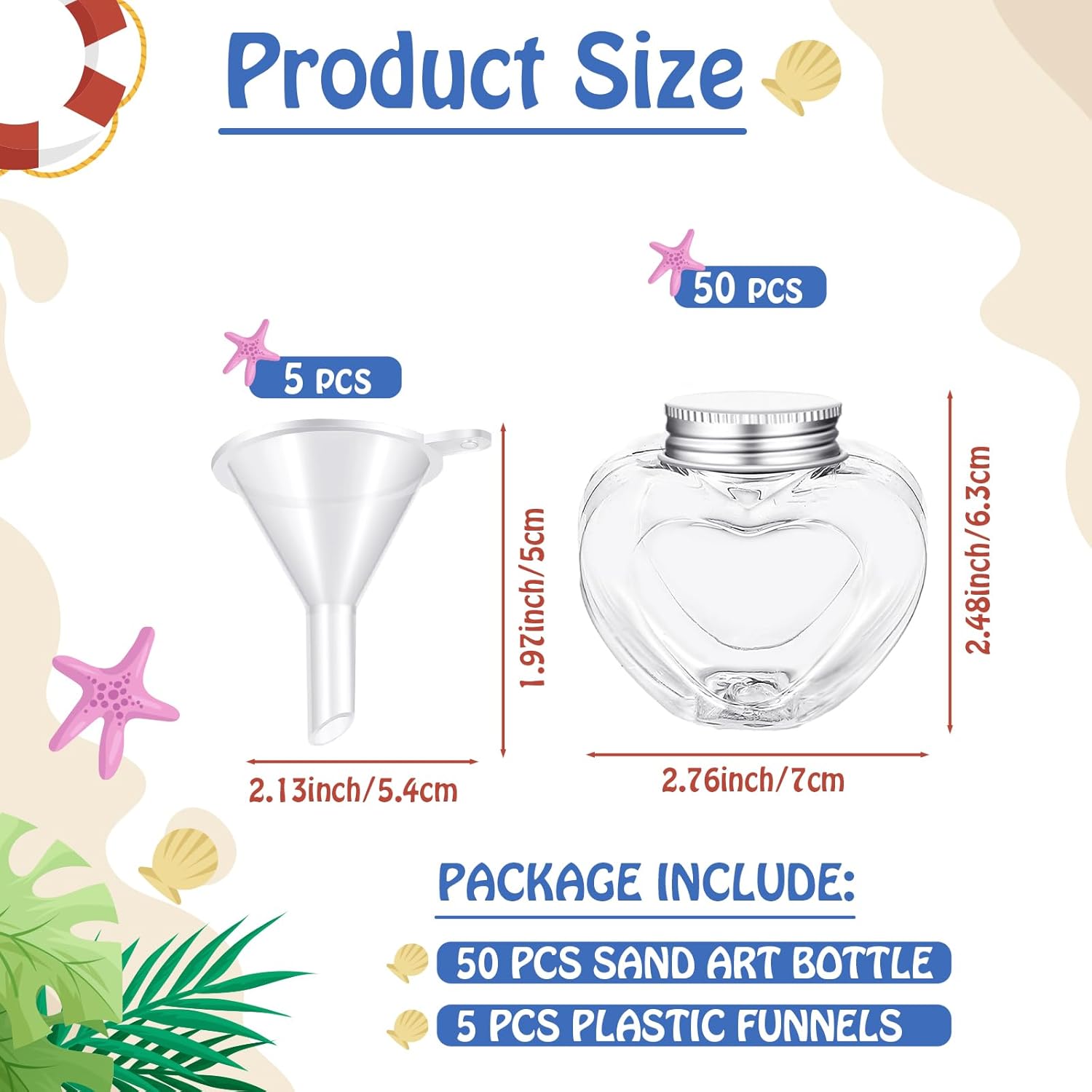 Hsei 50 botellas de arte de arena, botellas de poción de plástico con 5 embudos pequeños, kits de contenedores de arte de arena para niños, fiestas