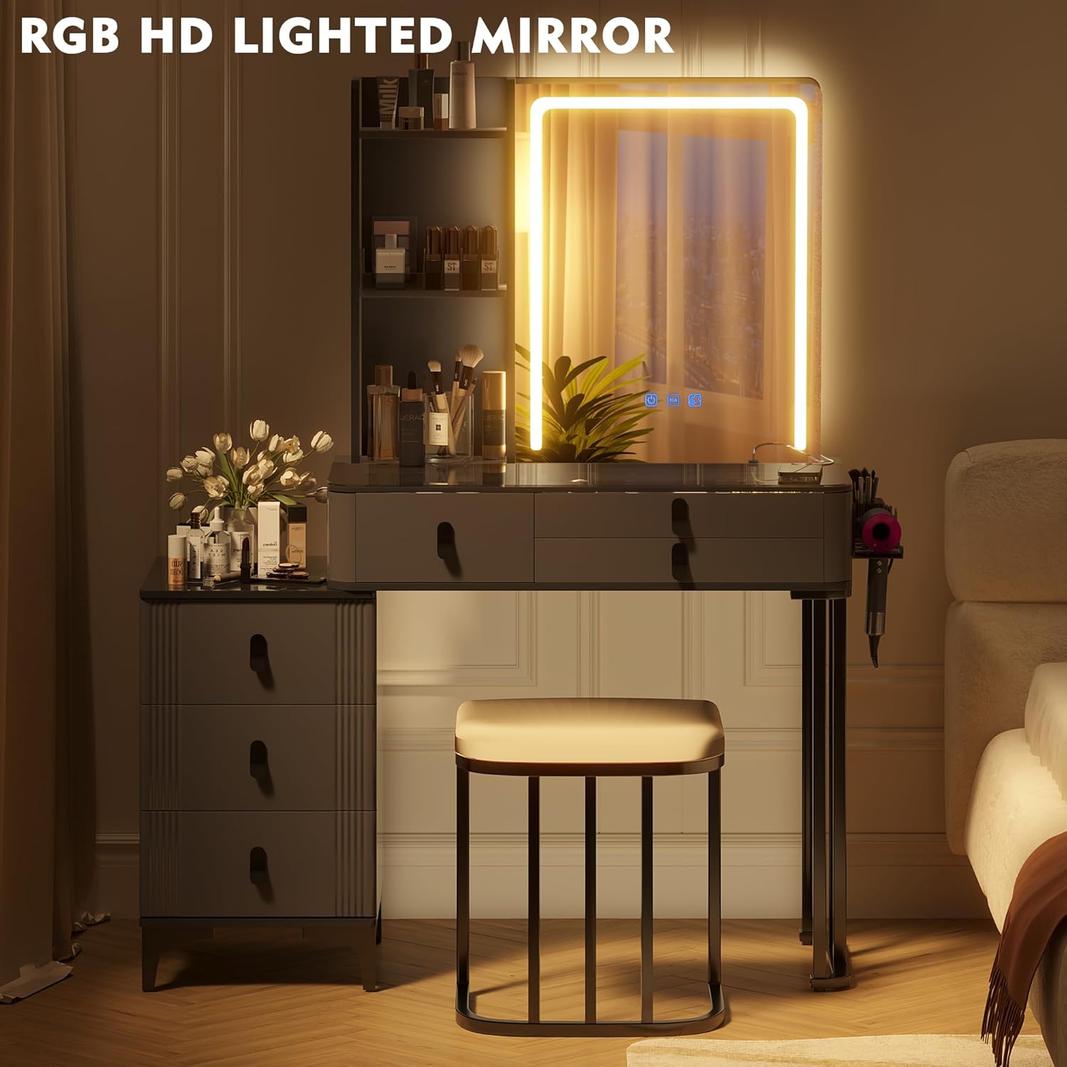 Escritorio de maquillaje RGB con espejo y luces, juego de mesa de tocador de 7 dinámicas y 7 estáticas regulables con estación de carga inalámbrica,