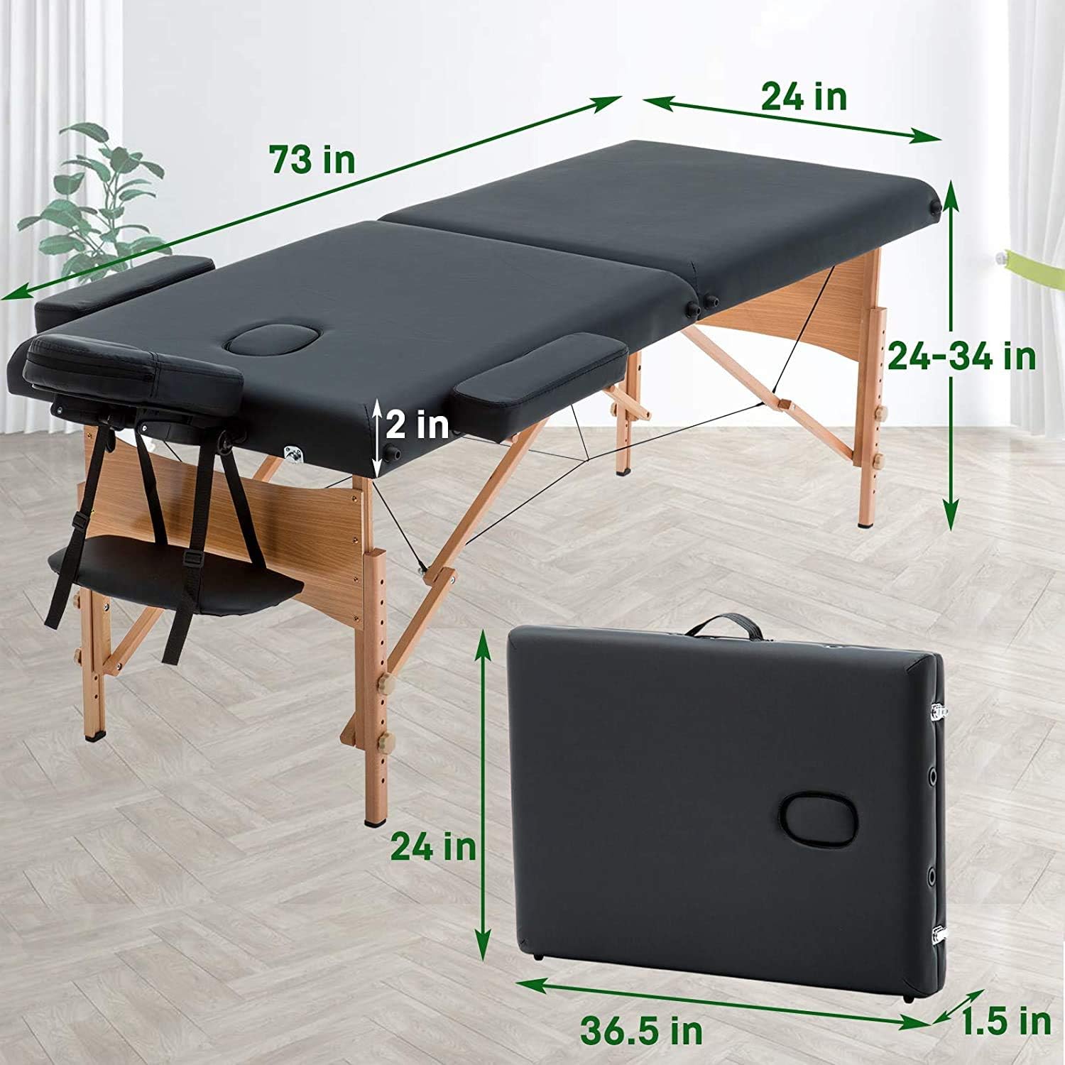 2 mesas de masaje plegables portátiles de 73 pulgadas de largo, 28 pulgadas de ancho, altura ajustable, profesional de espuma viscoelástica prémium