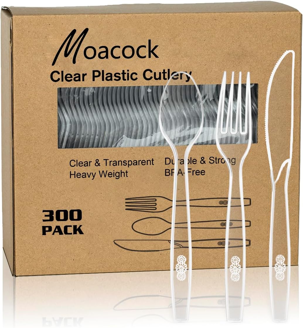 300 cubiertos de plástico transparente, tenedores de plástico pesado, cucharas, cuchillos, utensilios desechables para suministros de fiesta de