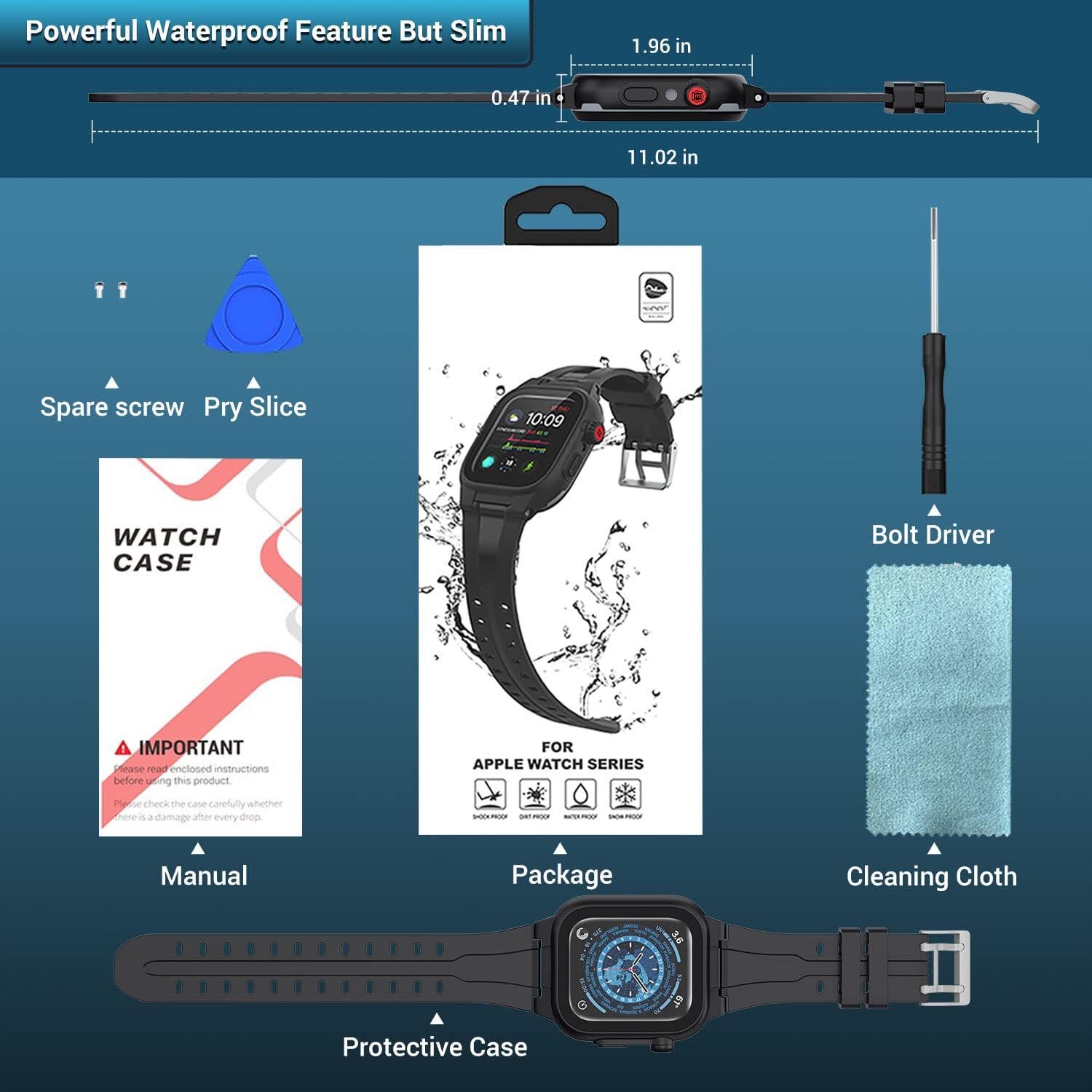 Funda impermeable para Apple Watch de 1.772 pulgadas, 1.732 pulgadas, 1.654 pulgadas, 1.614 pulgadas, 1.575 pulgadas, 1.496 pulgadas, con correa,